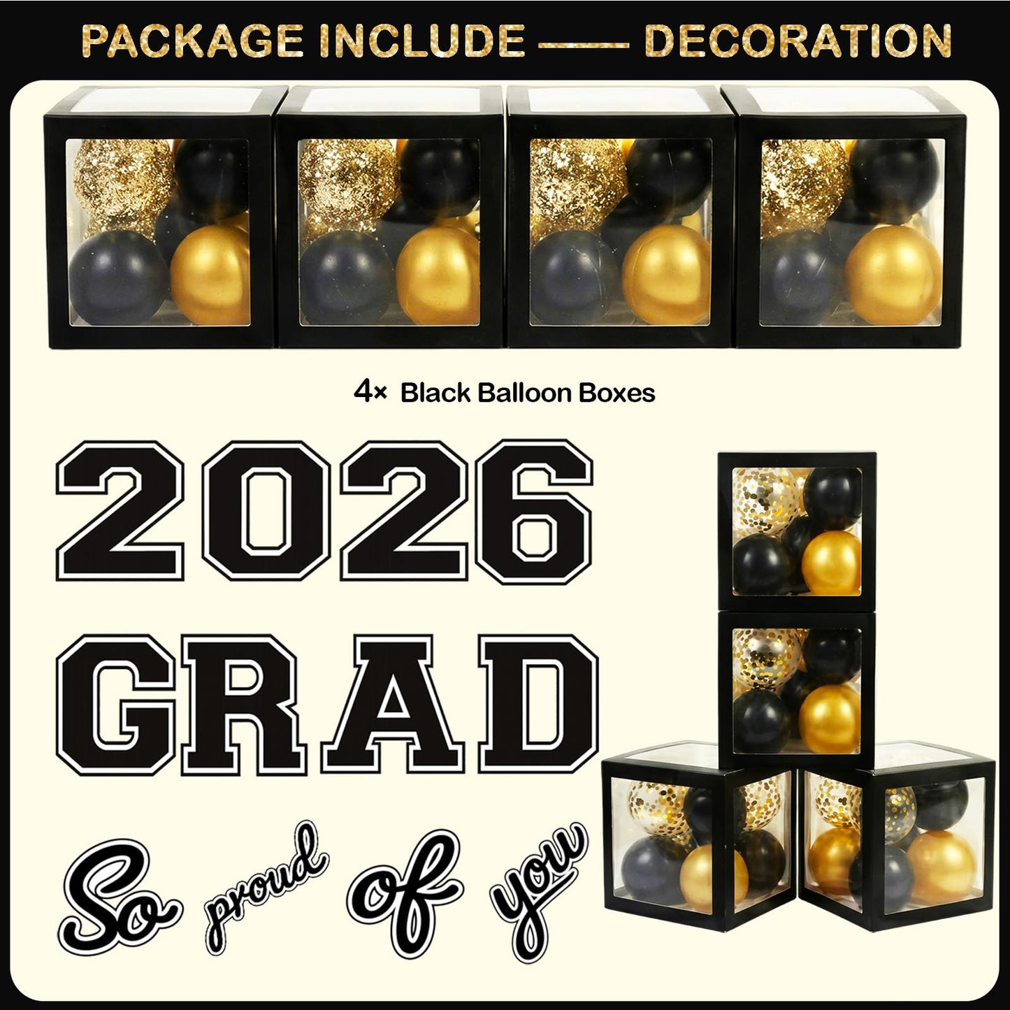 Black and Gold Graduation Decorations Class of 2026 - Graduation Balloon Boxes, Balloon Arch Garland Kit, Fringe Curtains, Party Decorations 2026 for Any Grades
