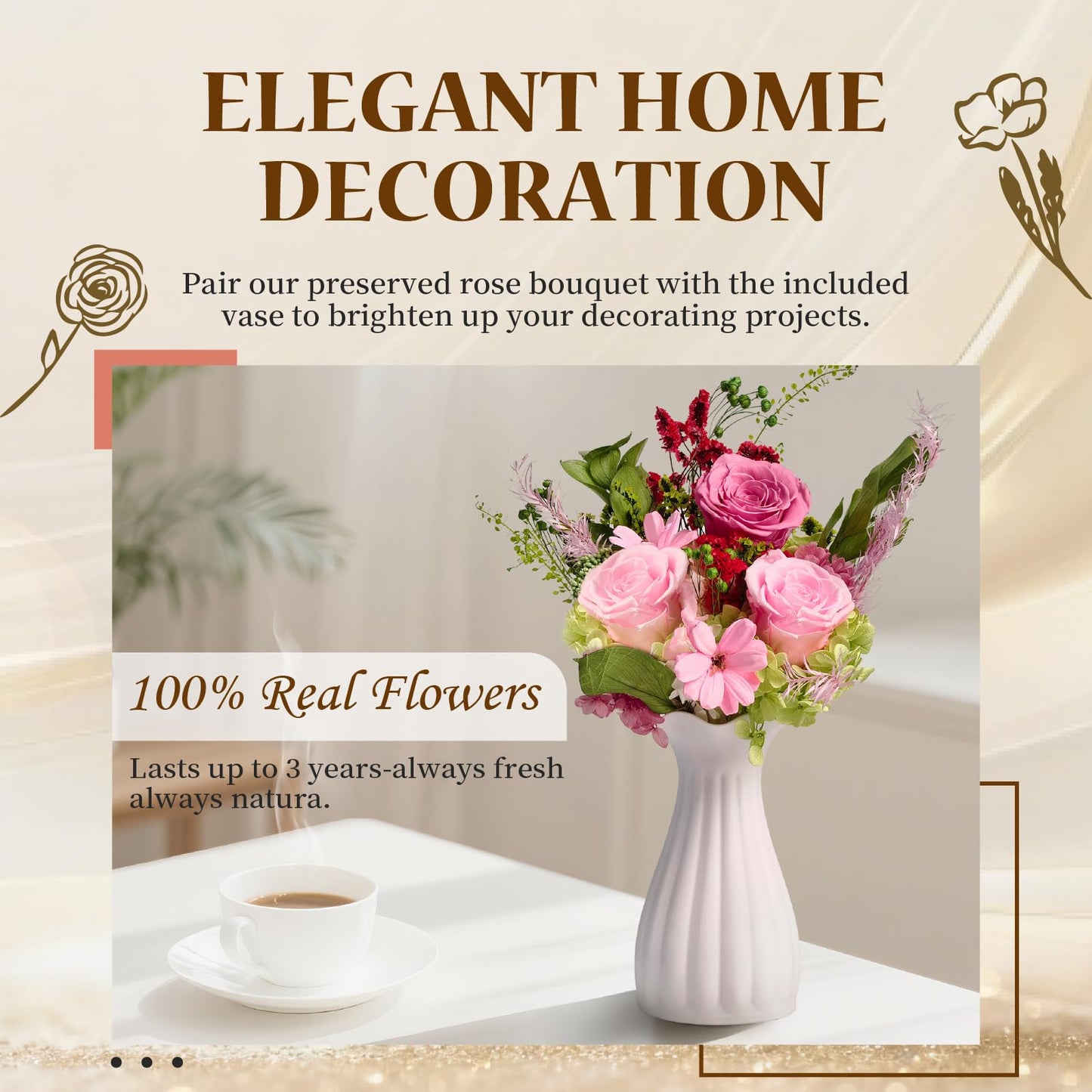 Cyrabota Preserved Roses Bouquet with Vase - Pink Real Eternal Roses that Last 1-3 Years - Forever Flowers Valentines Day Gifts for Her, Home Decor Centerpiece
