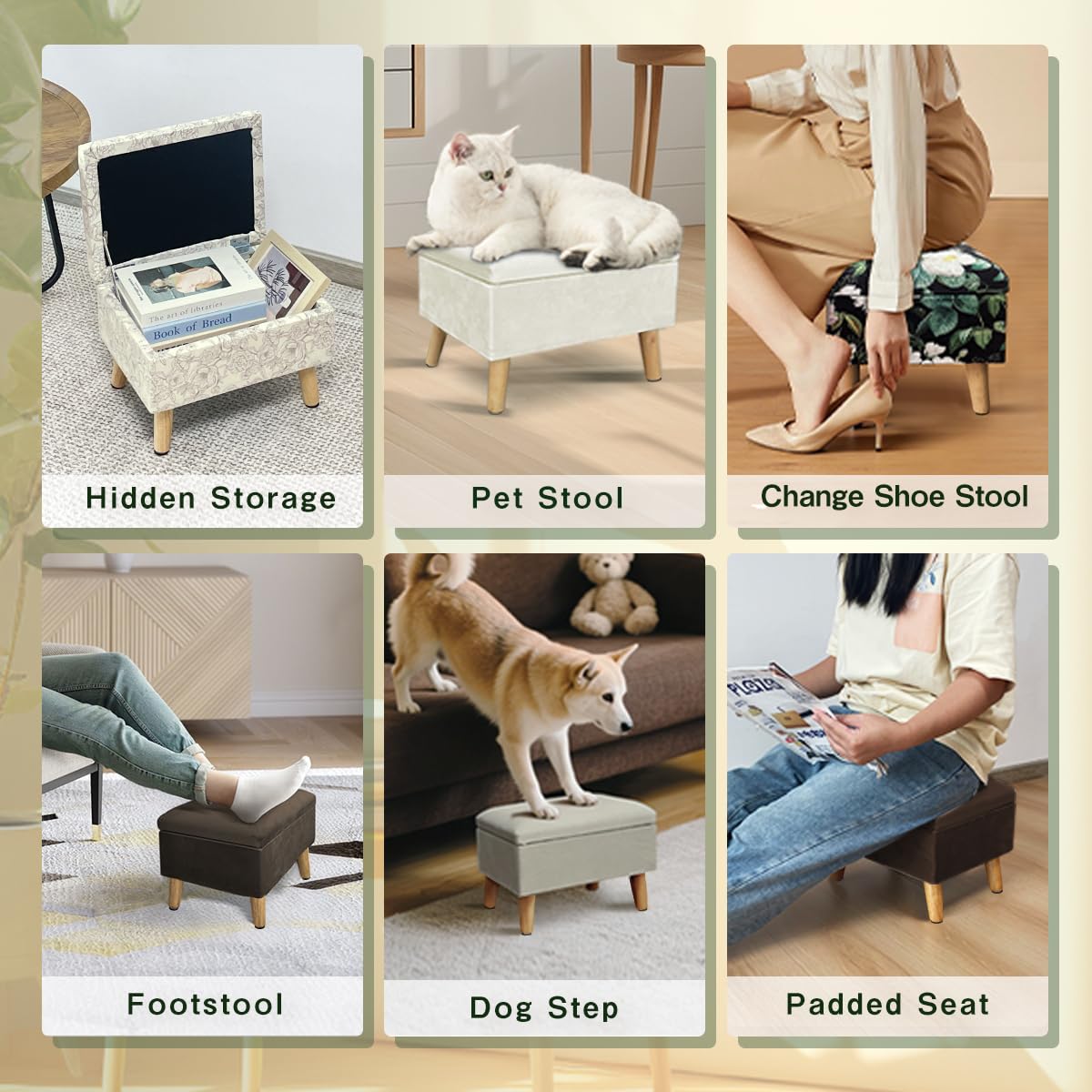 lumizone Small Ottoman Foot Rest Modern Storage Ottoman Foot Stool Padded Seat Pet Step for Dog Under Desk Stool for Living Room Bedroom Office Entryway (Print-Green)