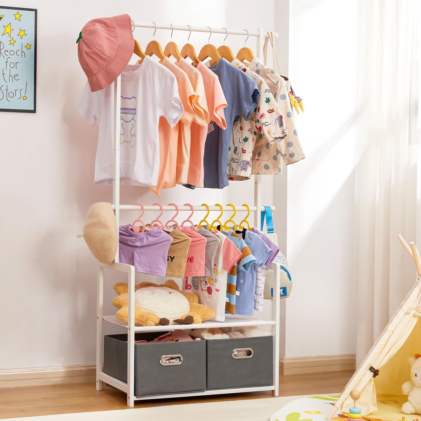 Vilaxing Kids Clothing Rack Bamboo with 2 Storage Baskets and 2 Adjustable Hanging Rods,Child Garment Holder with Shelf, Dress up Stand for Playroom,Toddlers Bedroom (White)