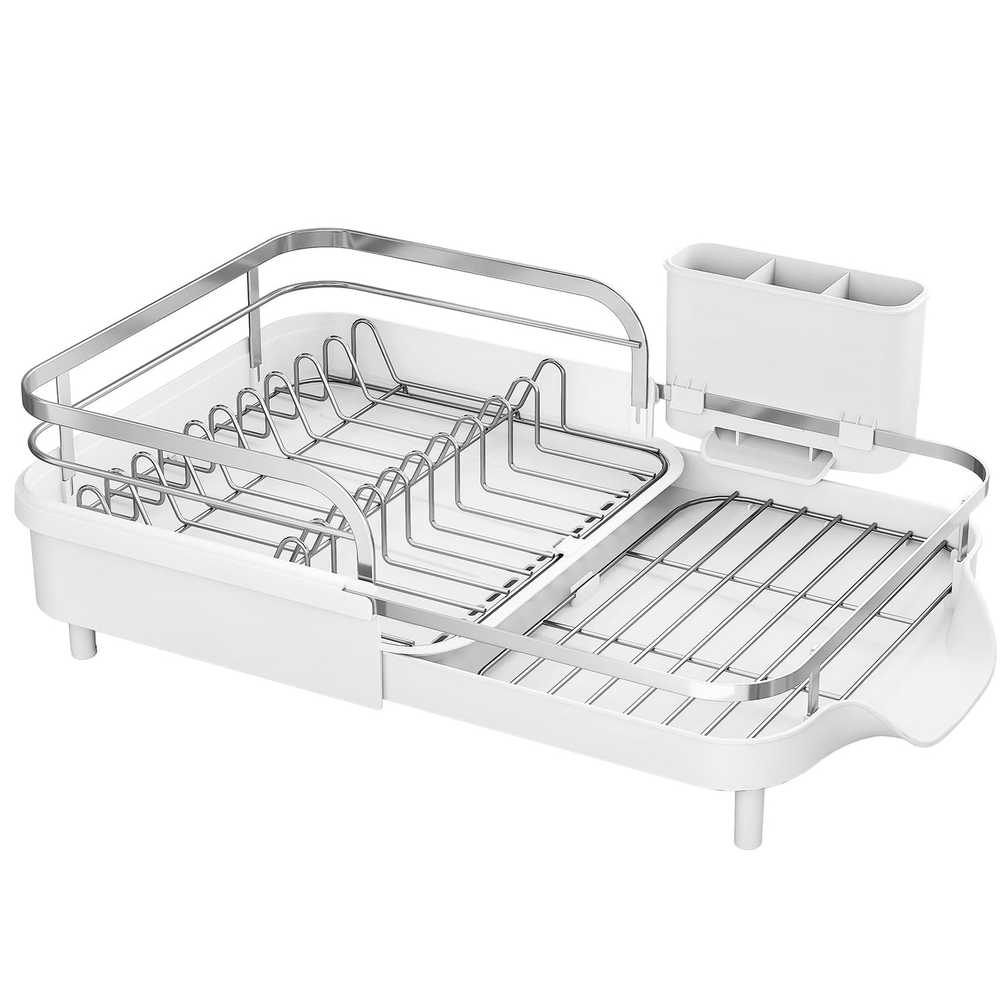 SAYZH Dish Drying Rack - Expandable Dish Rack for Kitchen Counter, Rust-Resistant Dish Drainer with Utensil Holder and Raised Guardrail, Kitchen Organizer for Cup and Bottle (White)