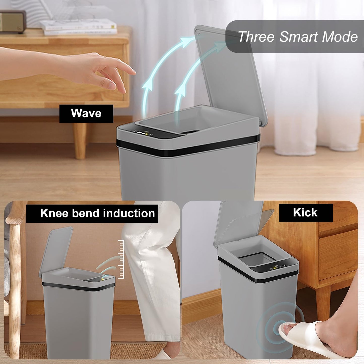 Yatmung 3 Pack - Small Trash Can with Lid for Bathroom 2.5 Gallon Automatic Trash Cans Touchless - Bedroom, Kitchen, Office - Slim Smart Garbage Can - Motion Sensor Trash can Bathroom (Grey)