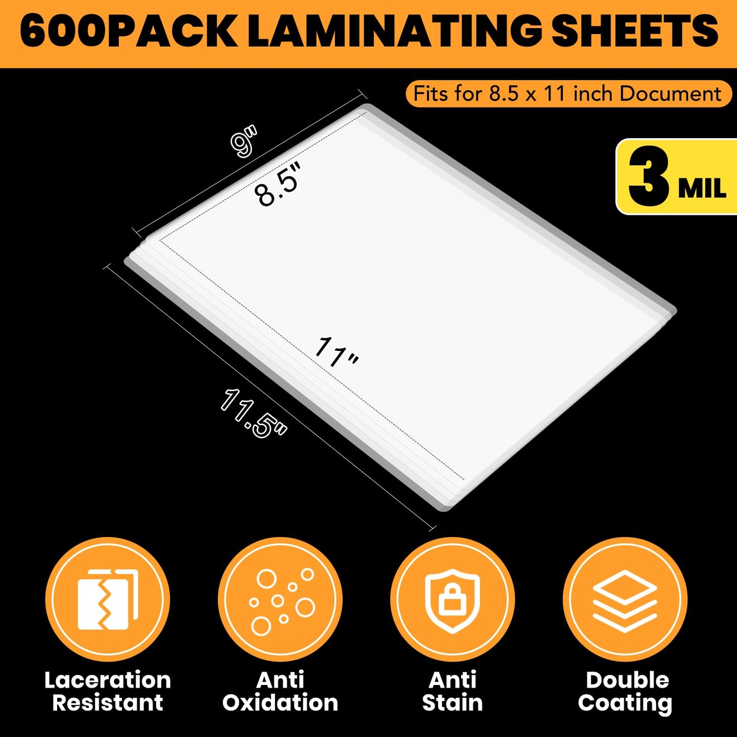 HORHIZA 600 Pack 3 Mil Laminating Sheets, Holds 8.5 x 11 Inch Sheets,9 x 11.5 Inches Thermal Laminating Pouches for Laminator, Clear, Letter Size, Office and School Supplies