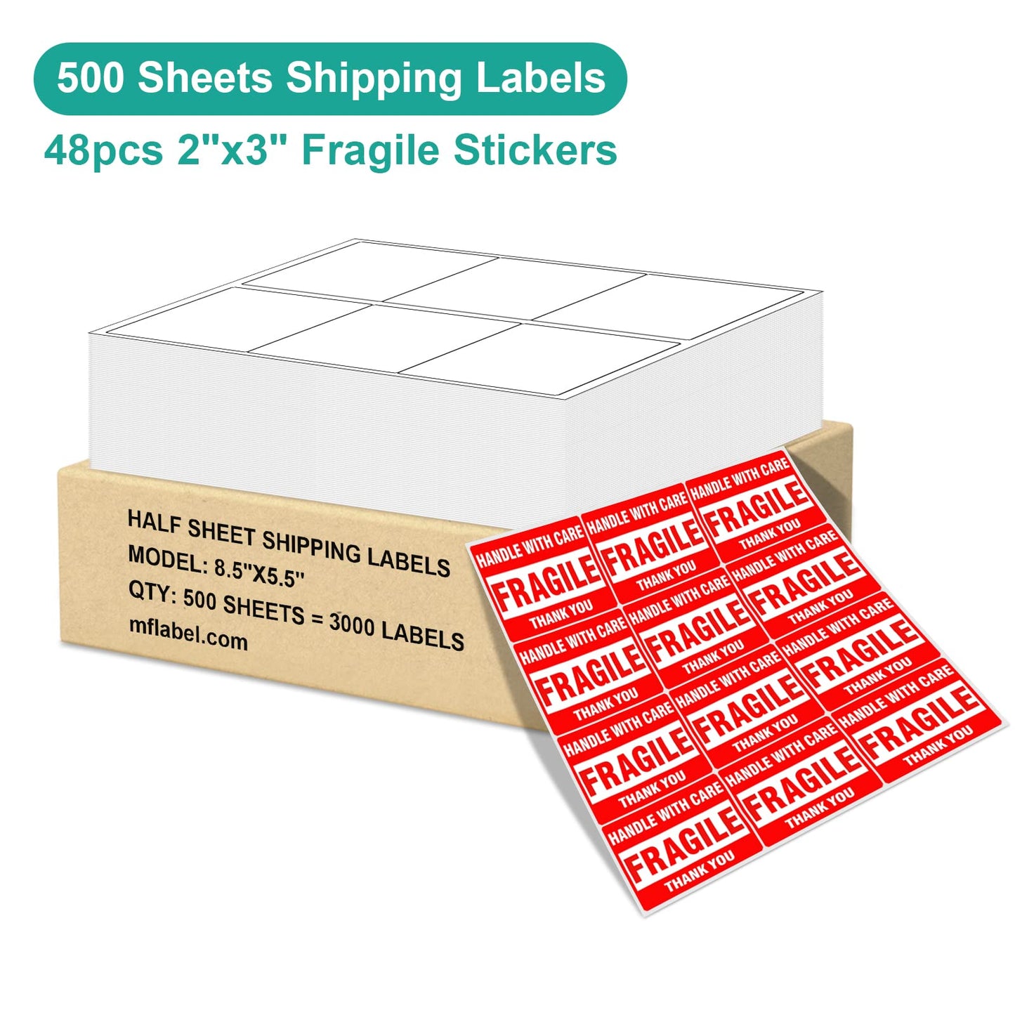 MFLABEL 3.33"x4" FBA Shipping Labels 6-UP - 500 Sheets (3000 Labels!) | Industrial Adhesive for Cardboard/Glass | Laser/Inkjet Certified + FREE 48 Fragile Stickers