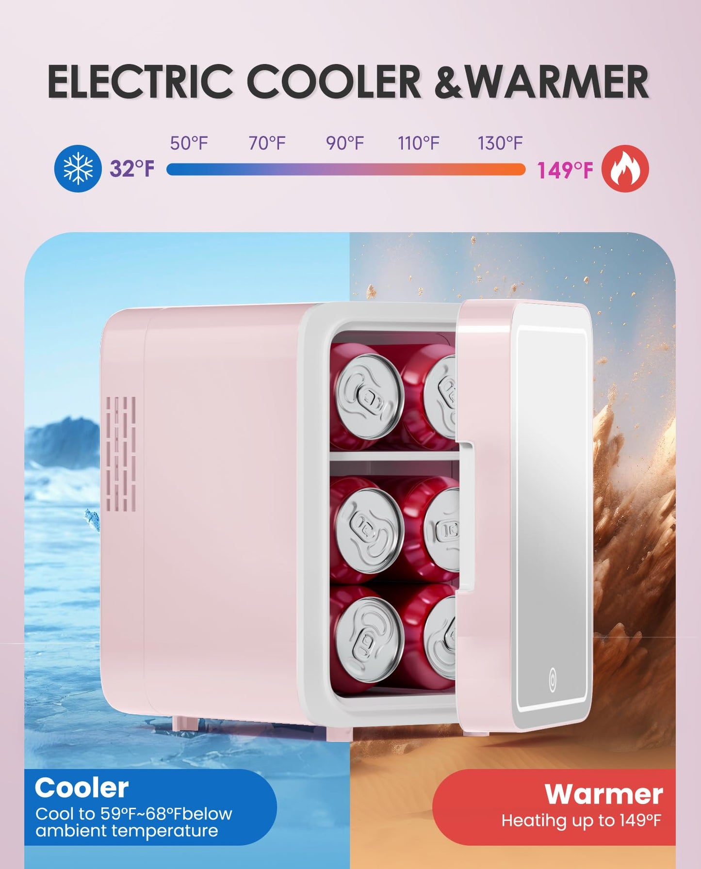 CUTIEWORLD Skincare Fridge with Dimmable LED Light Mirror, 4L Mini Fridge For Desktop, Travel or Cool & Heat, Makeup Fridge for Cosmetics, Skin Care and Food, Pink