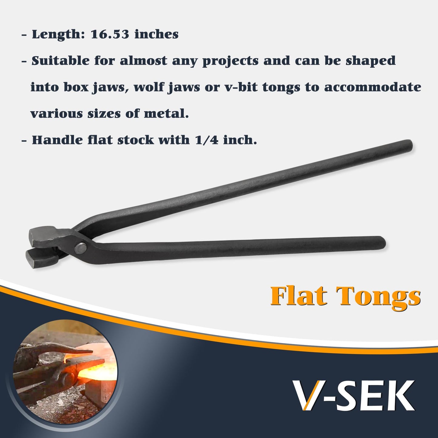V-SEK Blacksmith Tongs Set - V-Bit Blade, Flat, and Assembled Tongs for Knife Making, Blacksmithing, and Bladesmithing (3PCS Steel Forge Tongs)