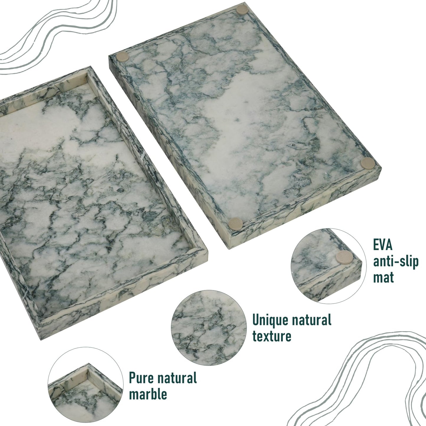 MULWR Marble Bathroom Tray,Pure Natural Vanity Tray,Marble Tray for Kitchen Counter Non-Ceramic/Non-Resin,Stone Trays 12 x 8 inch Cyan Green