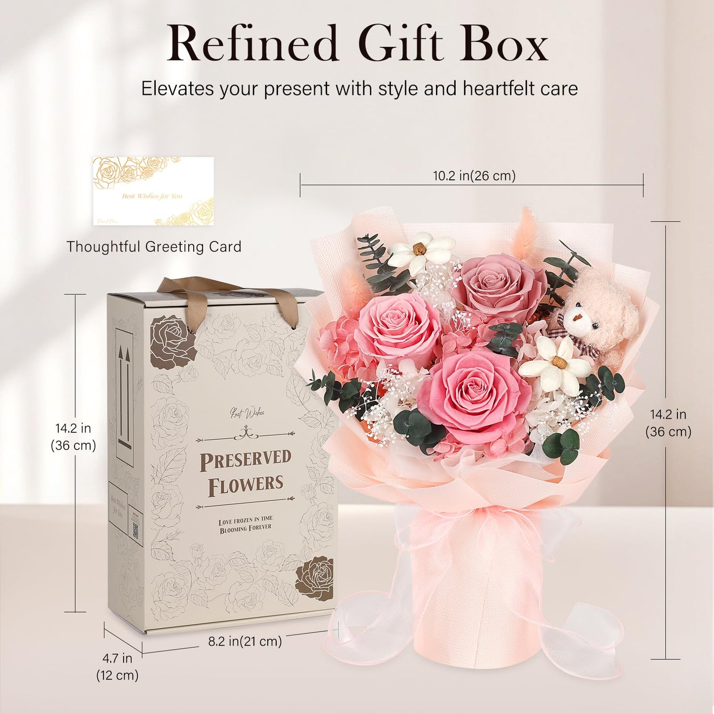 Preserved Flowers Bouquet with Bear, 3 Real Forever Flowers for Delivery, Long-Lasting Pink Eteranl Roses Bouquet, Anniversary Birthday Gifts for Women Mom Her Girlfriend Wife