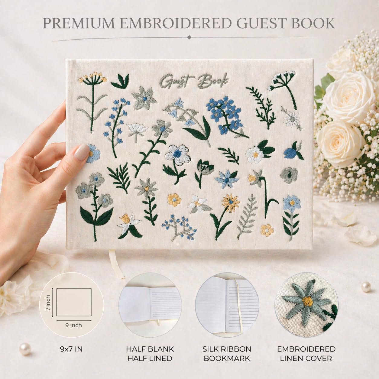 Wedding Guest Book–Elegant Embroidered Guest Book for Wedding Reception, Baby Shower–Wedding Guest Book Alternative with Photo Corners,120 Blank&Lined Pages, Polaroid Guest Book Keepsake