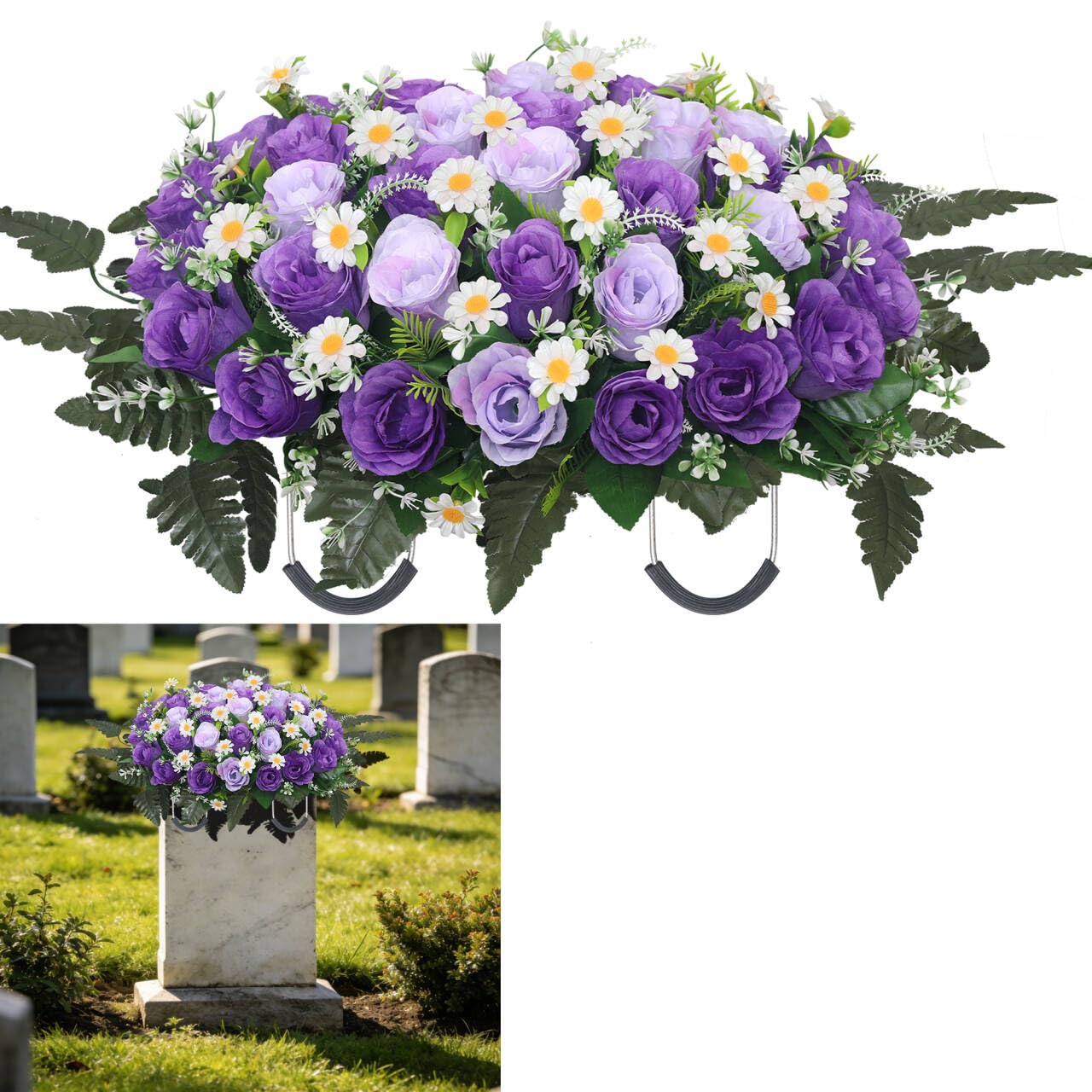 Wocst Headstone Flower Saddle,Large Artificial Cemetery Flowers for Grave Artificial Roses Daisy Saddle for Cemetery Headstone (Purple)