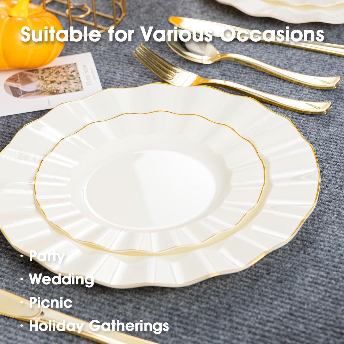 HIGH END 100 Pcs Ivory Wave Plastic Plates with Gold Trim, Fancy Disposable Plate Sets Include 50 Dinner & 50 Dessert Plastic Plates, Elegant Disposable Plate Set For Party, Thanksgiving (50 Guests)