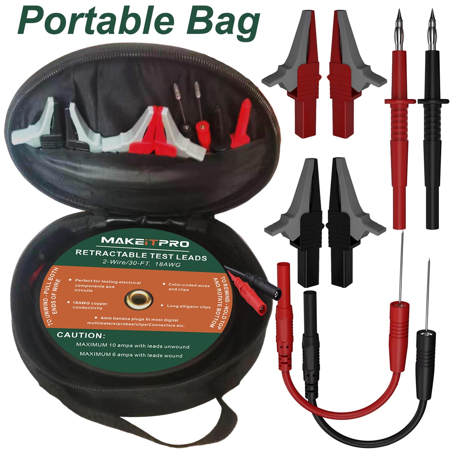 MAKEITPRO 2 Wires 30FT 18AWG Retractable Test Leads with Cable Bag and Dual Ended Electrical Alligator Clips Test Probe Lead Wire Cables for Circuit Connection/Electrical Testing and Troubleshooting