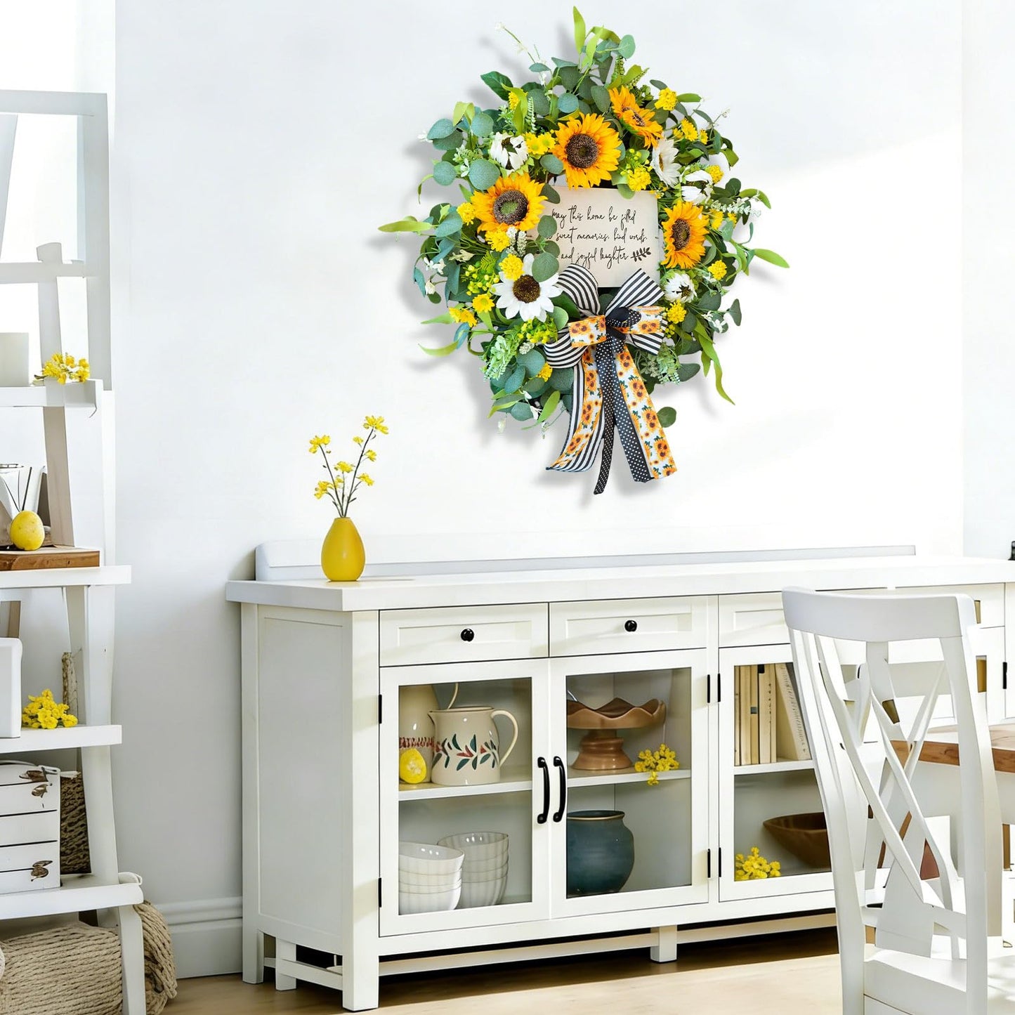 CHvista Spring Wreaths for Front Door 24 Inch Handmade Spring Summer Wreath with Artificial Sunflowers,Welcome Message Sign & Elegant Bow and White Yellow Daisy Wildflowers for Home,Porch&Gift Giving