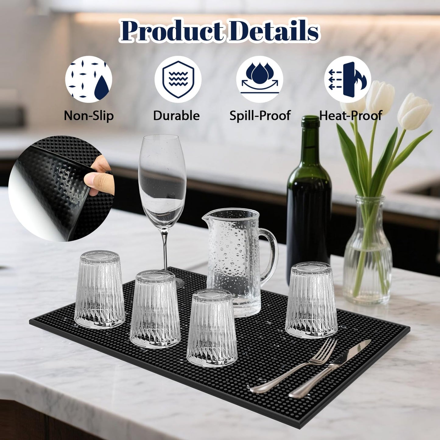 4 Pack Rubber Bar Mats for Countertop 18x12 Inch Black Silicone Bar Coffee Mat for Bartending Dish Drying Matt Home Bars Counter Cocktail Non Spill Mat for Bartender Bar Service Table Top Accessories