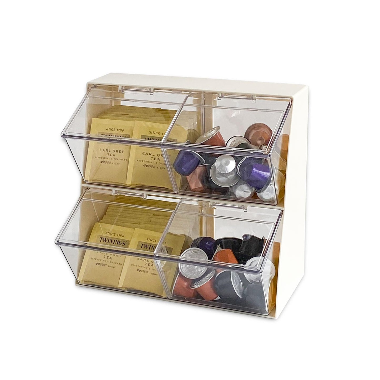 NINEWEEN Large Coffee and Tea Organizer with Lid, Plastic Creamer Holder for Coffee Bar, Coffee Accessories Storage Box for K Cups, Coffee Pod, Sugar Bags, Drinking Straw (White)