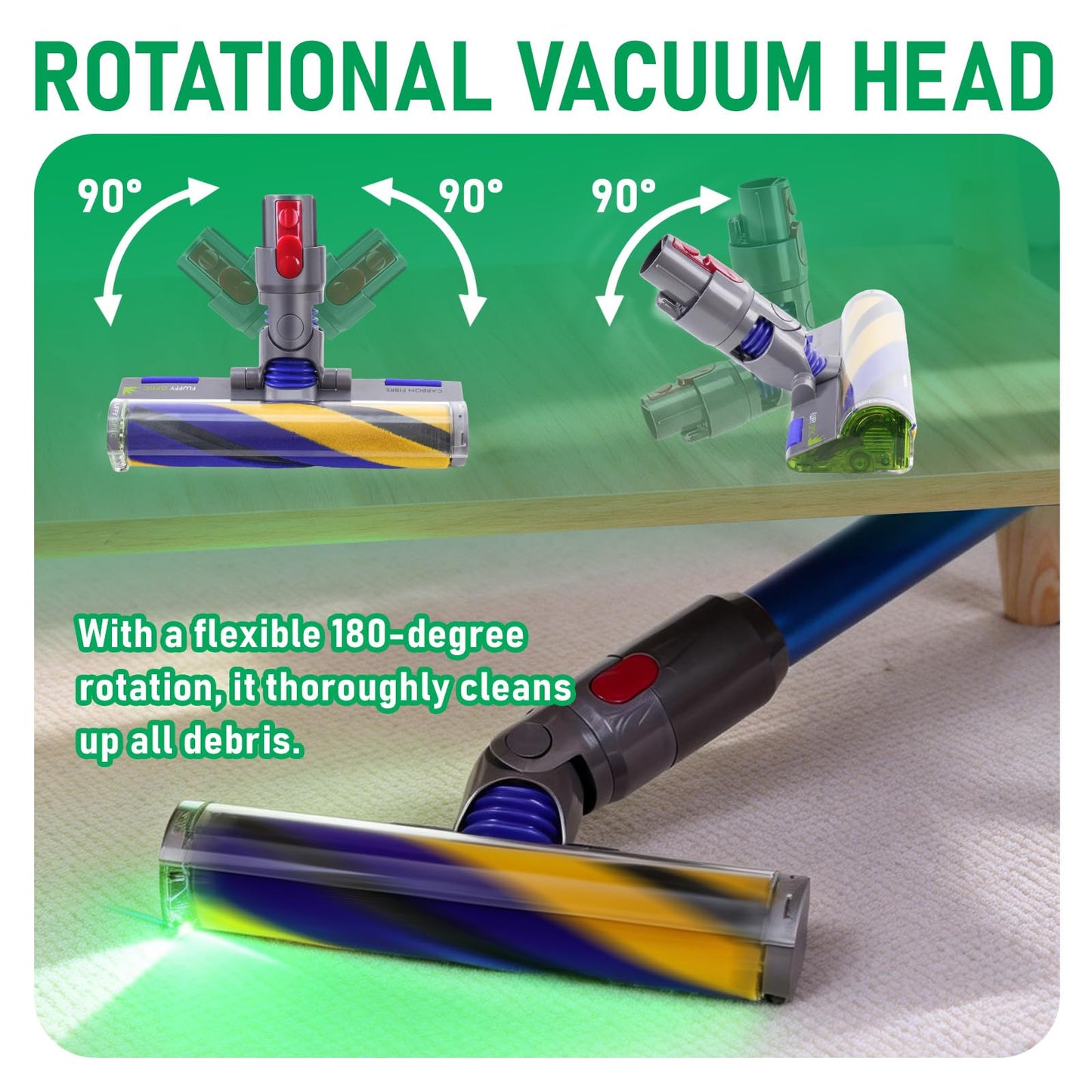 Klypticfit Soft Roller Cleaner Head Replacement Compatible with Dyson V8 V10 V15 Cordless Vacuums, Fluffy Hard Floor Brush Attachment with Green LED Optic Light & Trigger Lock