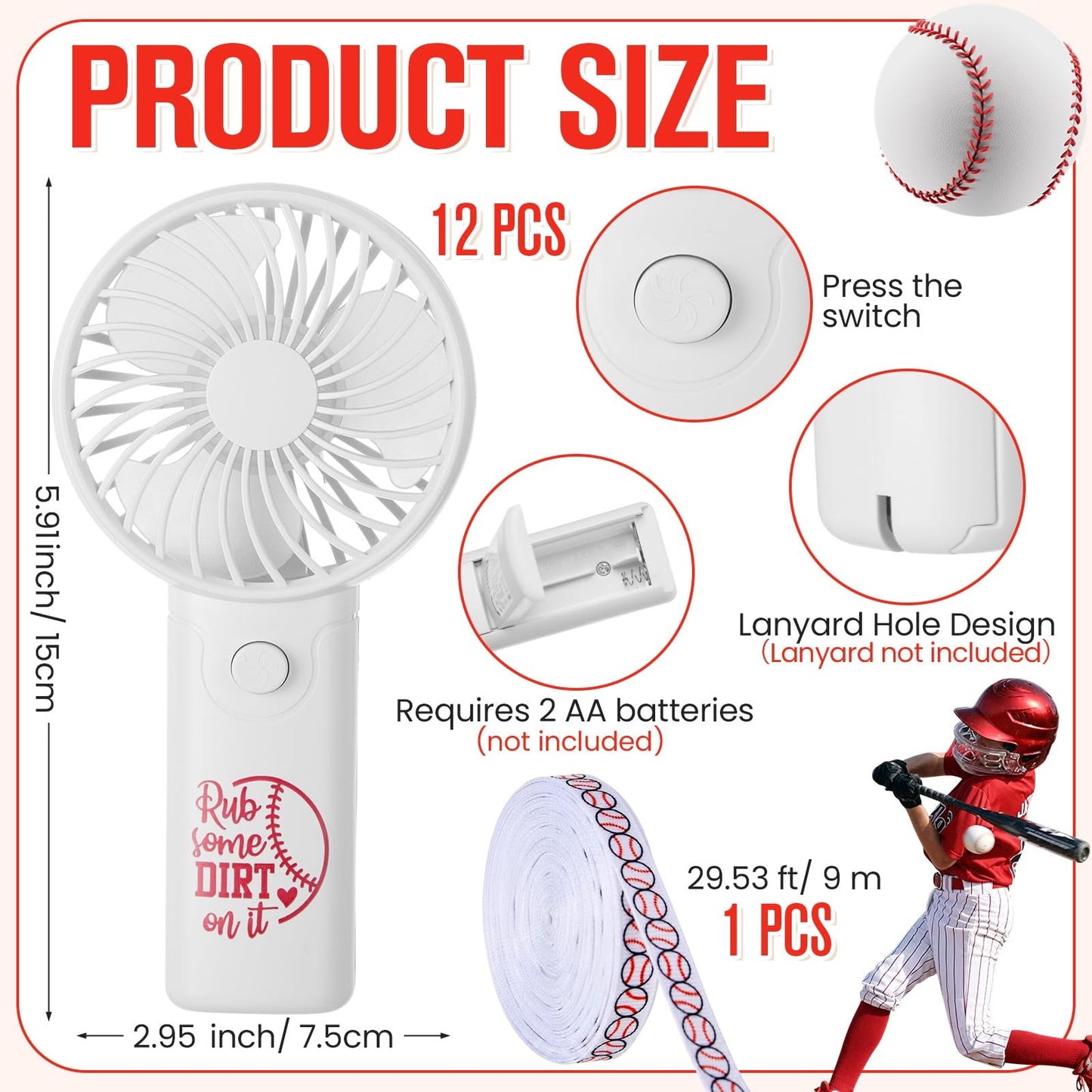 VIHOSE 12 Sets End of Season Baseball Team Gifts Sets Includes Portable Mini Handheld Fans Cooling Towels and Baseball Ribbons Bulk for Sports Event Party Favors, Team Players, Coaches, Fans