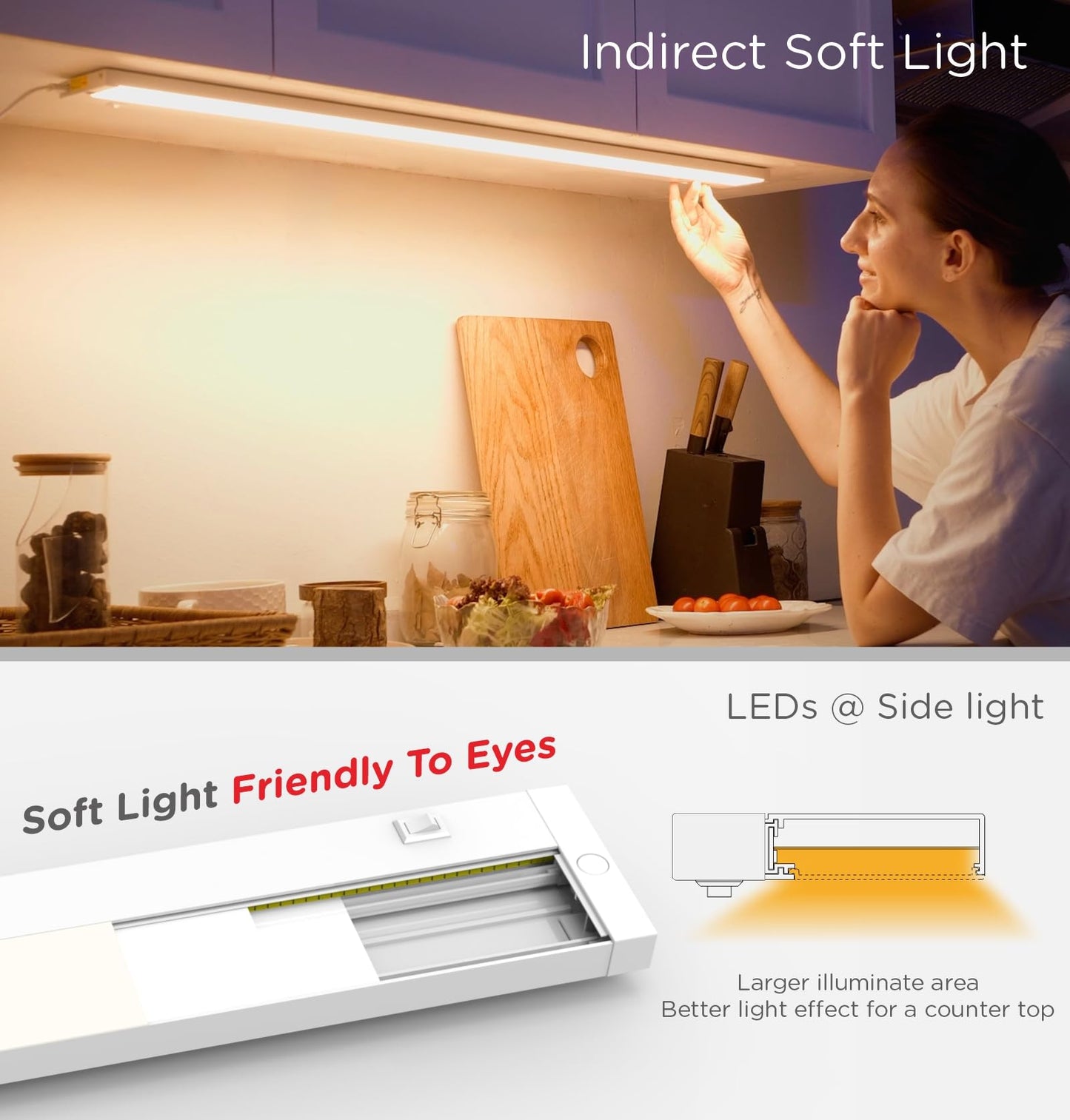 Tonlesm 24 Inch Under Cabinet Lighting Plug in, 14W 120V 3 Color 3000K/4000K/5000K, 3 Brightness, Super Bright, Ultra Thin Under Counter Lights for Kitchen, Linkable LED Cabinet Light, White