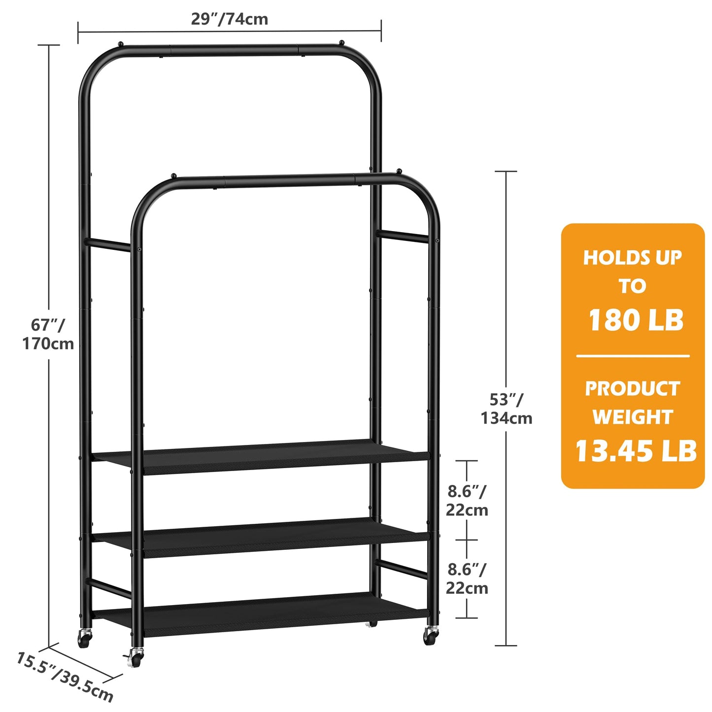 HOMIDEC Double Rods Clothes Rack Clothing Rack with 3 Tier Storage Shelves Clothes Rack for Hanging Clothes Multifunctional Clothes Organizer Bedroom,Wardrobe Closet,Shop,Black