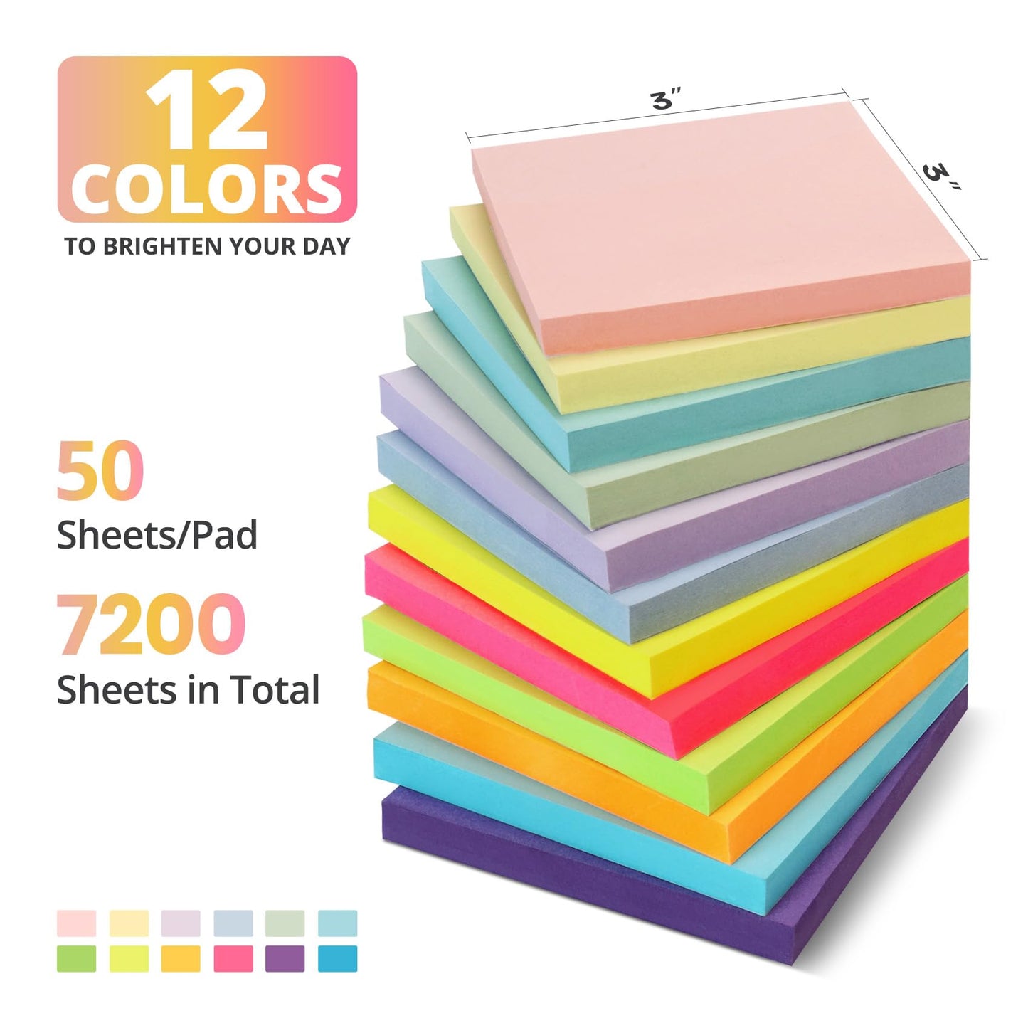 Sticky Notes, 144 Pads, 3x3 Inches Self-Stick Note Pads, Perfect for Office, Study, and Daily Life Organization - Bright