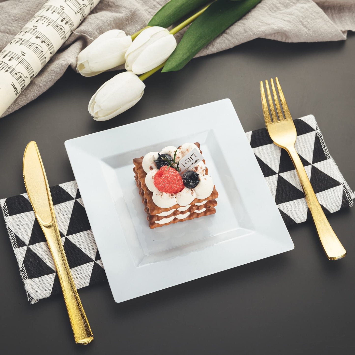 NZVCN 100 Pack White Plastic Square Dessert Plates, 6.5" Disposable Salad Plates Heavy Duty Plates for Party, Wedding, Christmas, Easter