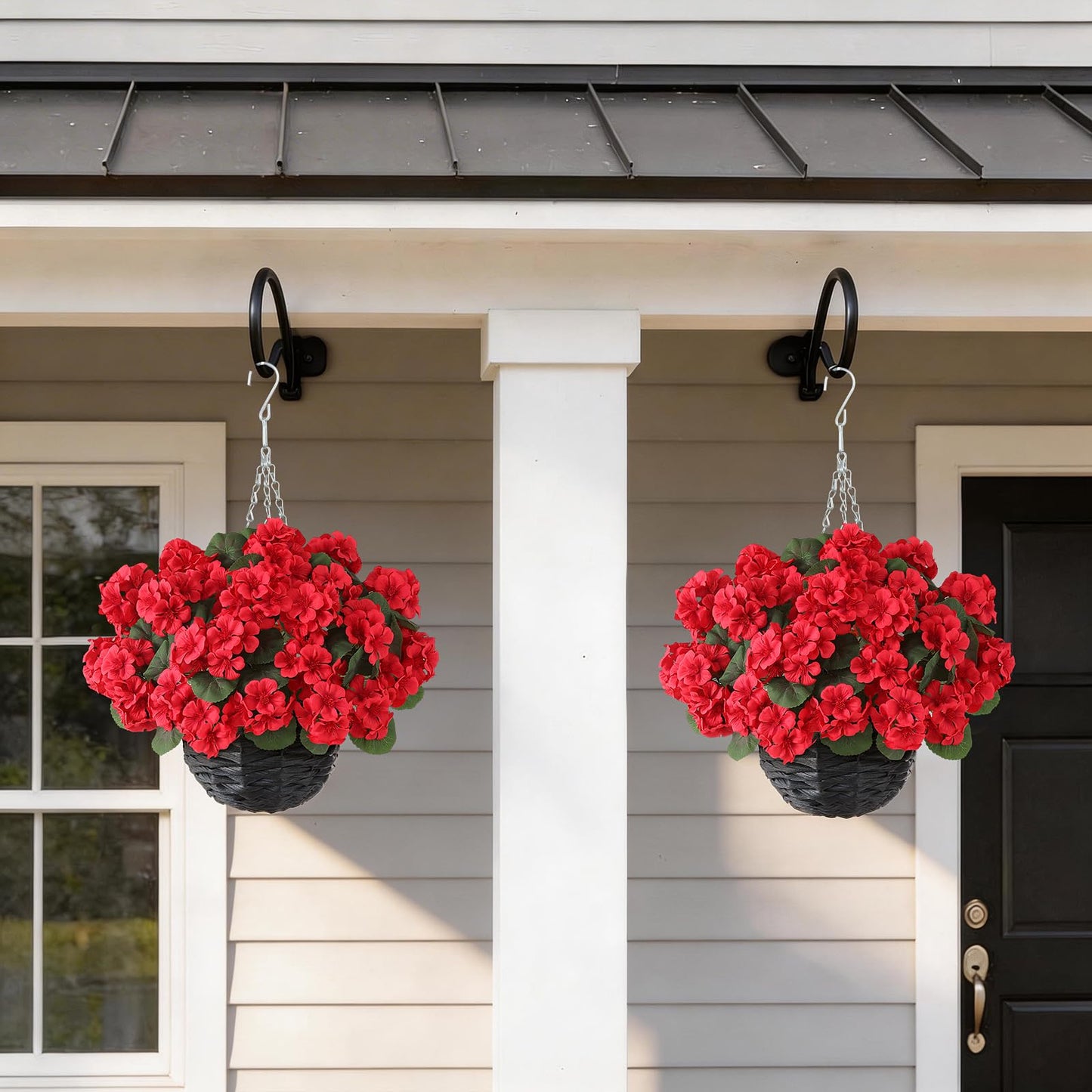GLIDLION 2 Set Artificial Geraniums Flowers with Hanging Baskets for Outdoors - Sun Resistant Silk with Geranium Flowers, Fake Hanging Planters for Front Porch Garden Patio Home Decor (Red)