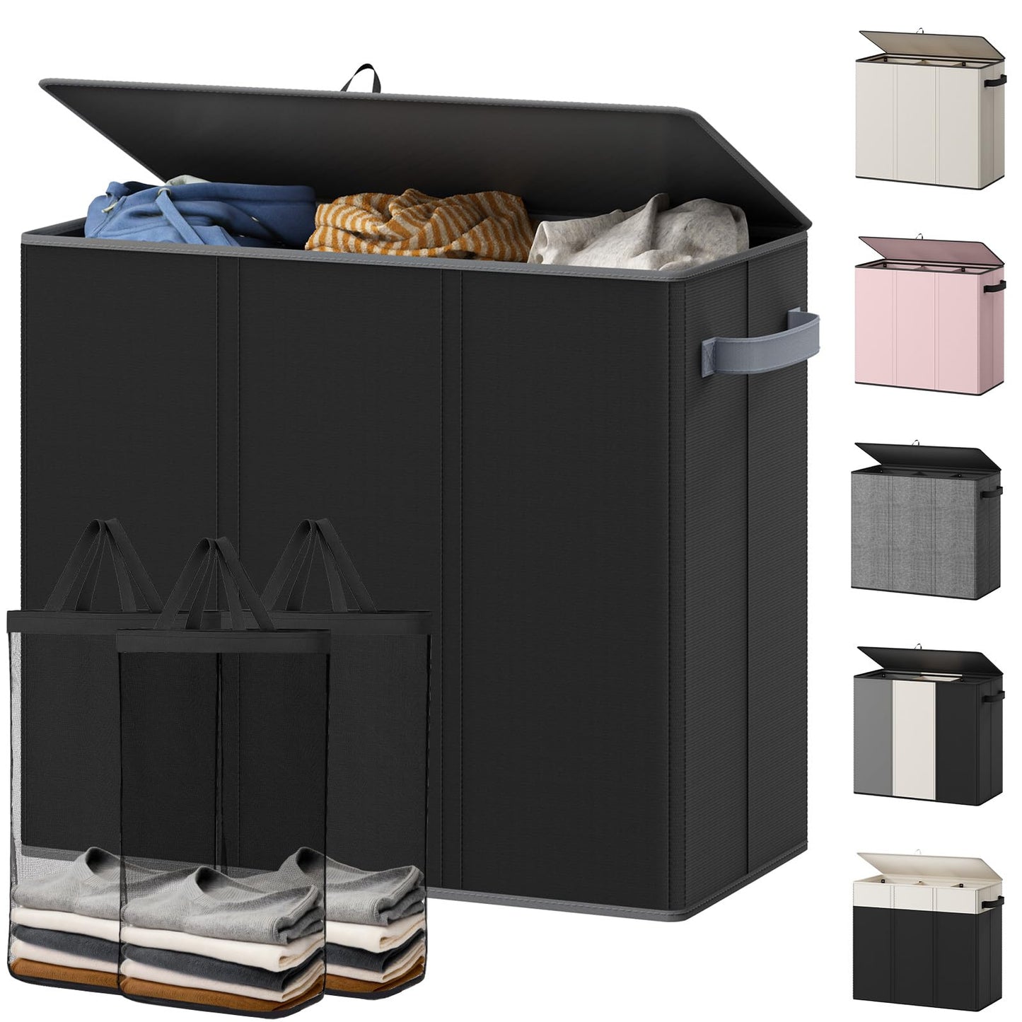Optish 180L Laundry Hamper 3 Section, Large Laundry Hamper with Lid, Dirty Clothes Hampers with 3 Inner Bags, Laundry Basket Organizer for Laundry, Bedroom, Bathroom, Hamper 3 Compartment, Black