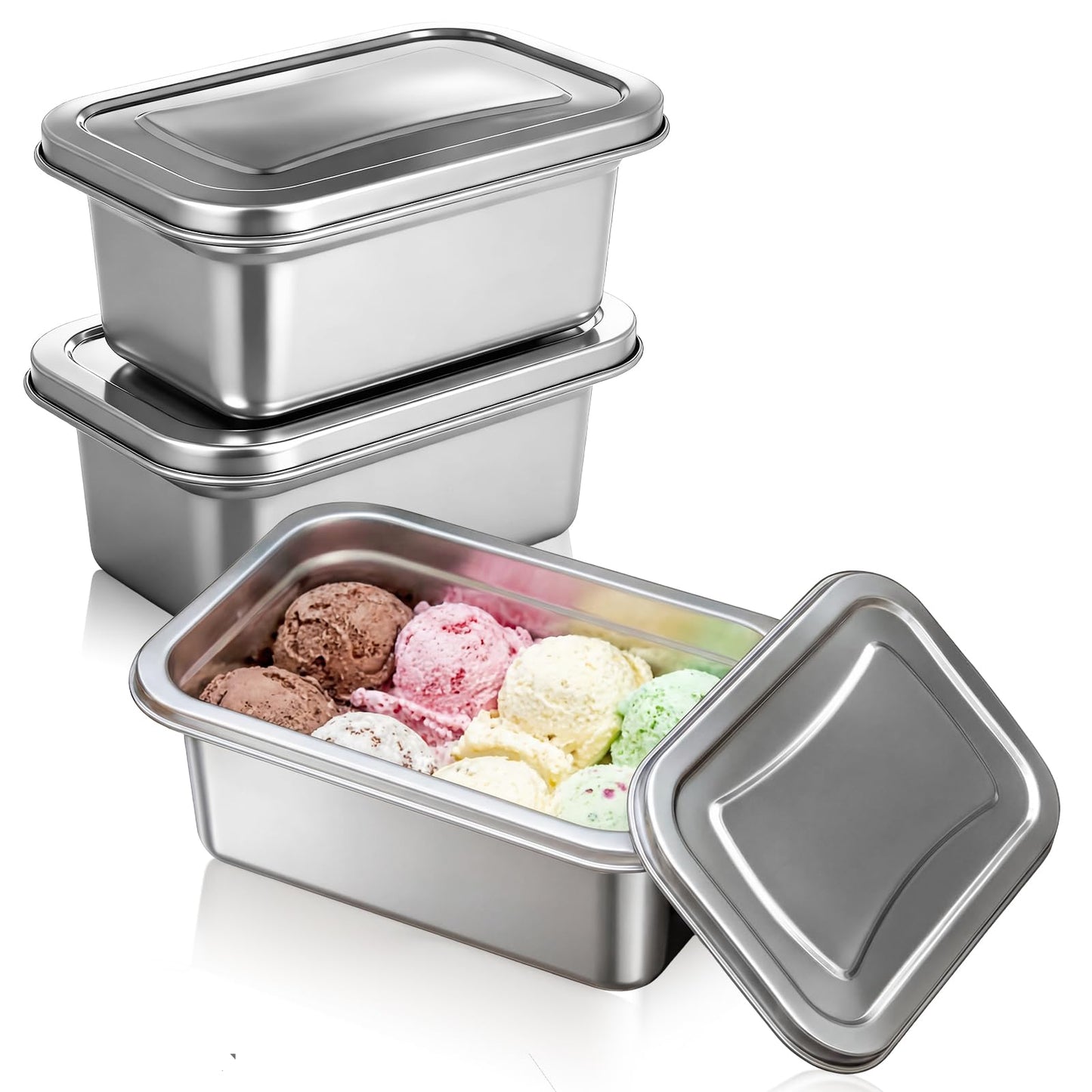 Singhoow 3 Pcs Reusable Stainless Steel Ice Cream Storage Containers with Lids 1.2 Quart Homemade Ice Cream Freezer Storage Ideal for Kitchen Use, Fruit, Freezer 7.6 x 4.9 x 2.8 Inch