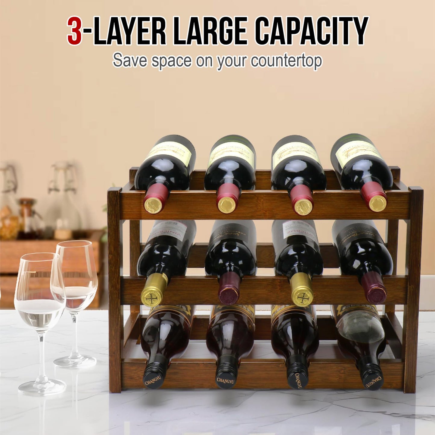 Thalomely Bamboo Wine Rack, 3-Tier 12 Bottles Wine Storage Cabinet Shelf, Easy-Assembly Freestanding Bamboo Wine Racks Countertop for Kitchen Pantry Dining Room Bar, Walnut