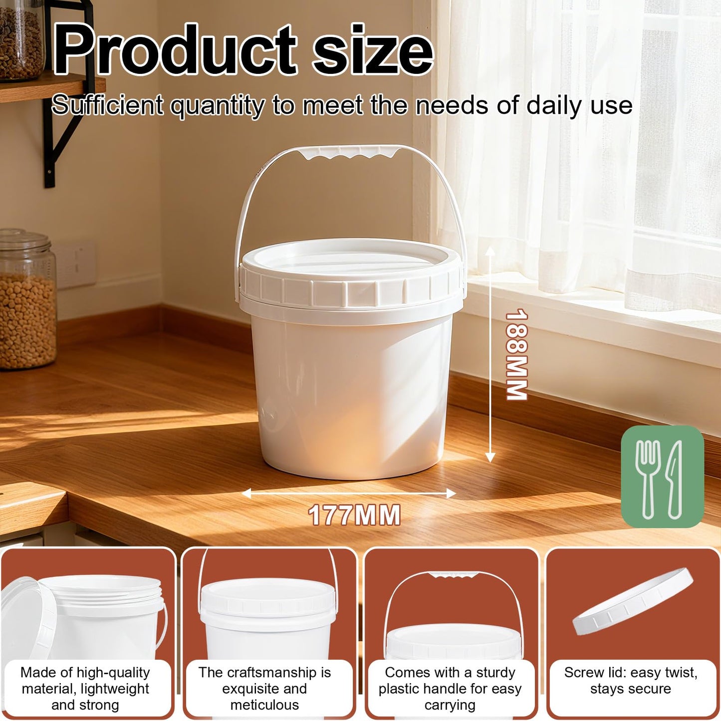 UMETASS 4 Pack 1 Gallon Plastic Buckets with Screw Lids & Handle, Food Grade Storage Containers for Kitchen, Freezer - Reusable White Plastic Bucket Set
