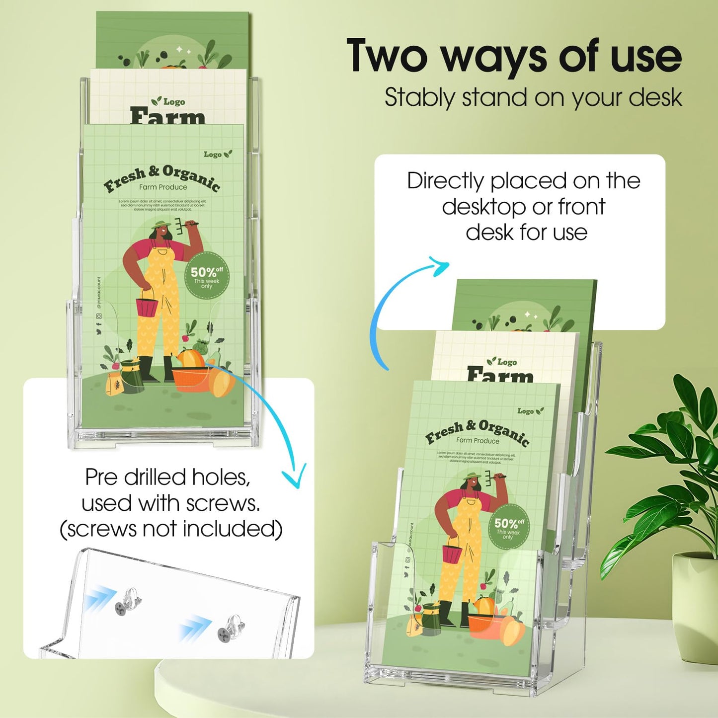 MaxGear Acrylic Brochure Holder, 4 Inch Wide 3 Tier Literature Display Stand, Clear Premium Acrylic Pamphlet Holder, Multi Pocket Wall Mount or Countertop Organizer, Office or Home Use, 6 Pack