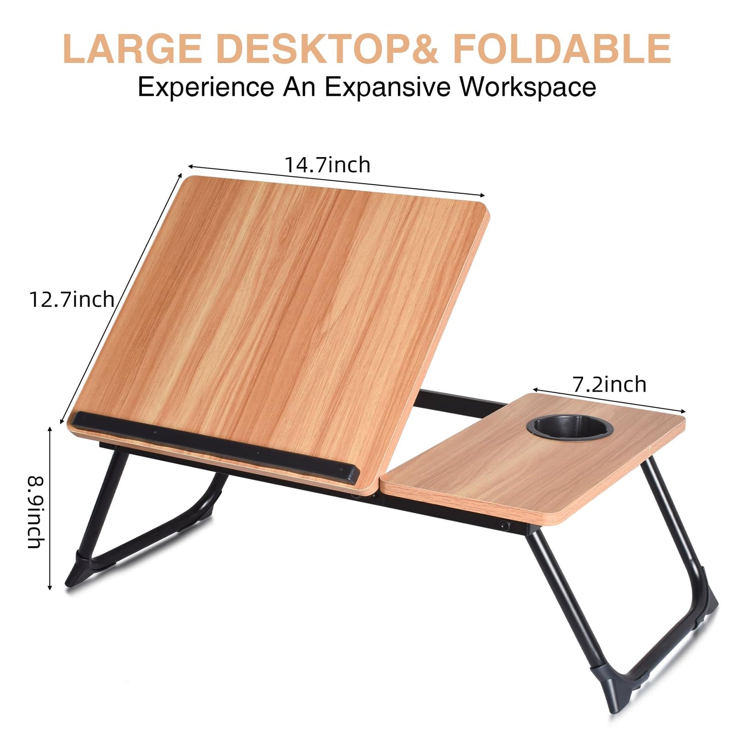 LapDesk Pro Adjustable Laptop Desk for Bed & Couch, Portable Foldable Bed Tray Table with Cup Holder, Laptop Stand for Desk, Small Writing Table (Black)