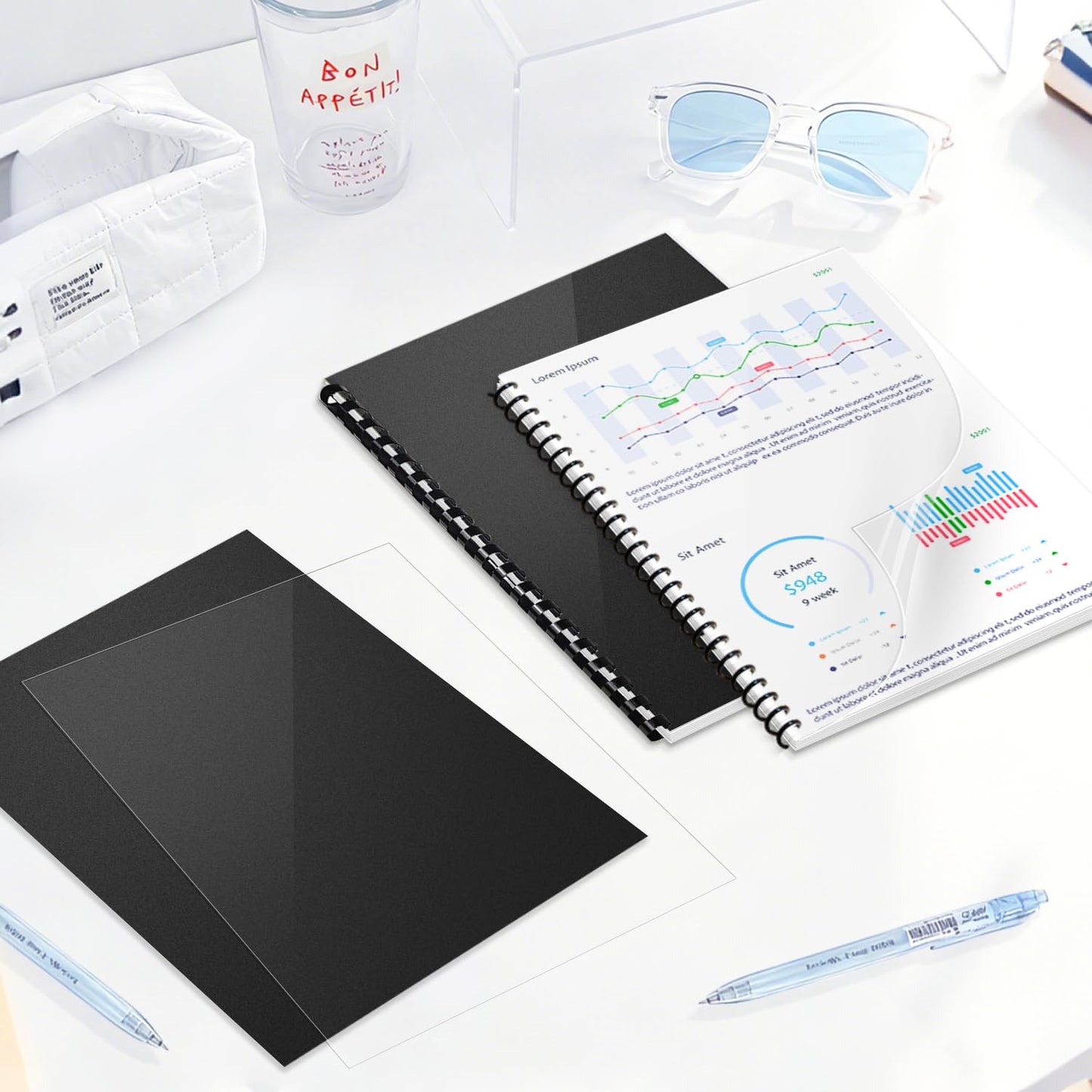 HOUYEE 100 Pack Binding Covers Set, 8.5x11 Inches, Including 50 Pcs 8 Mil Clear Binding Covers, 50 Pcs 12 Mil Black Sand Plastic