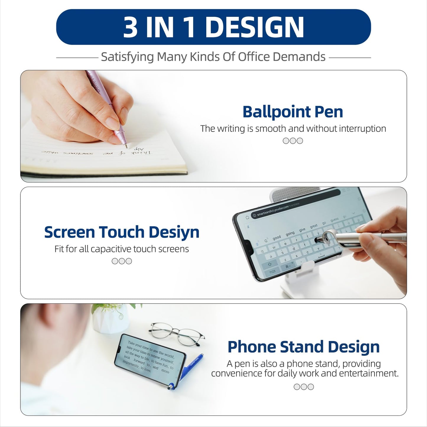 100 Pcs Inspirational Pens Batch, Motivational Ballpoint Pen with Writing Touch Screen And Mobile Phone Stand 3-in-1, Black Ink Office Encouraging Quotes, Office School Supplies Inspirational Gifts