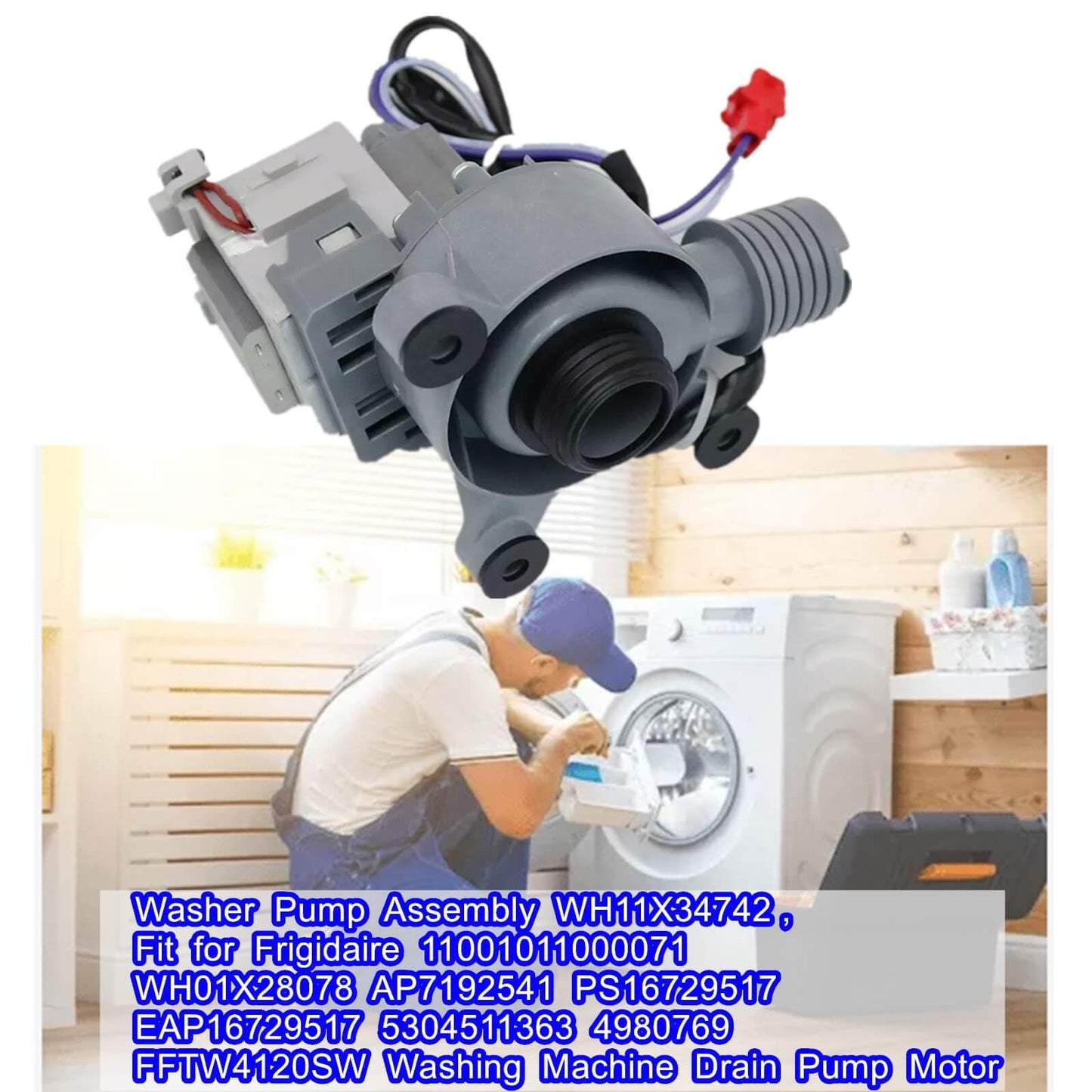 Washer Pump Assembly WH11X34742, Fit for Frigidaire 11001011000071 WH01X28078 AP7192541 PS16729517 EAP16729517 5304511363 4980769 FFTW4120SW Washing Machine Drain Pump Motor