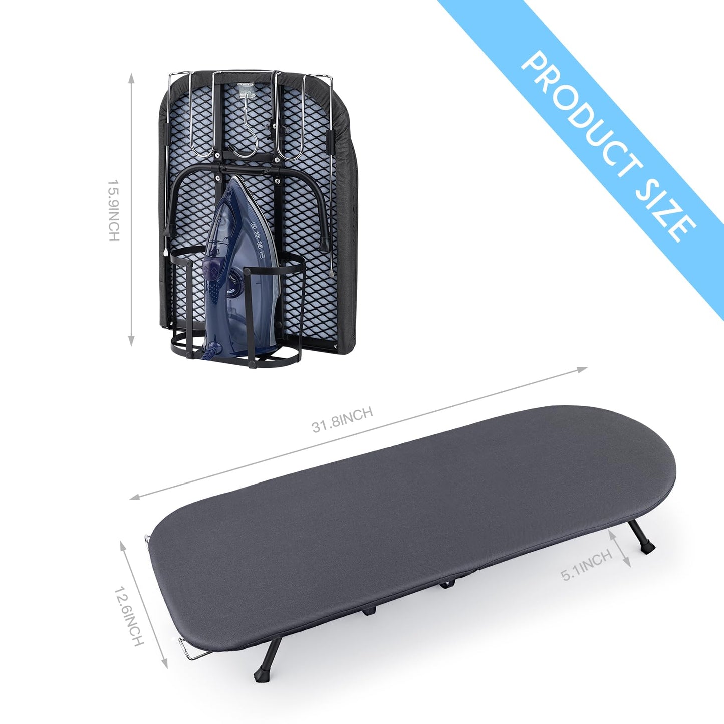 BiJun Small Ironing Board, Foldable Table Top Ompact Portable Mini Ironing Board w/Iron Rest, Set for Dorm Rooms, RVs, Travel Apartments Black Easy to Use and Save Space