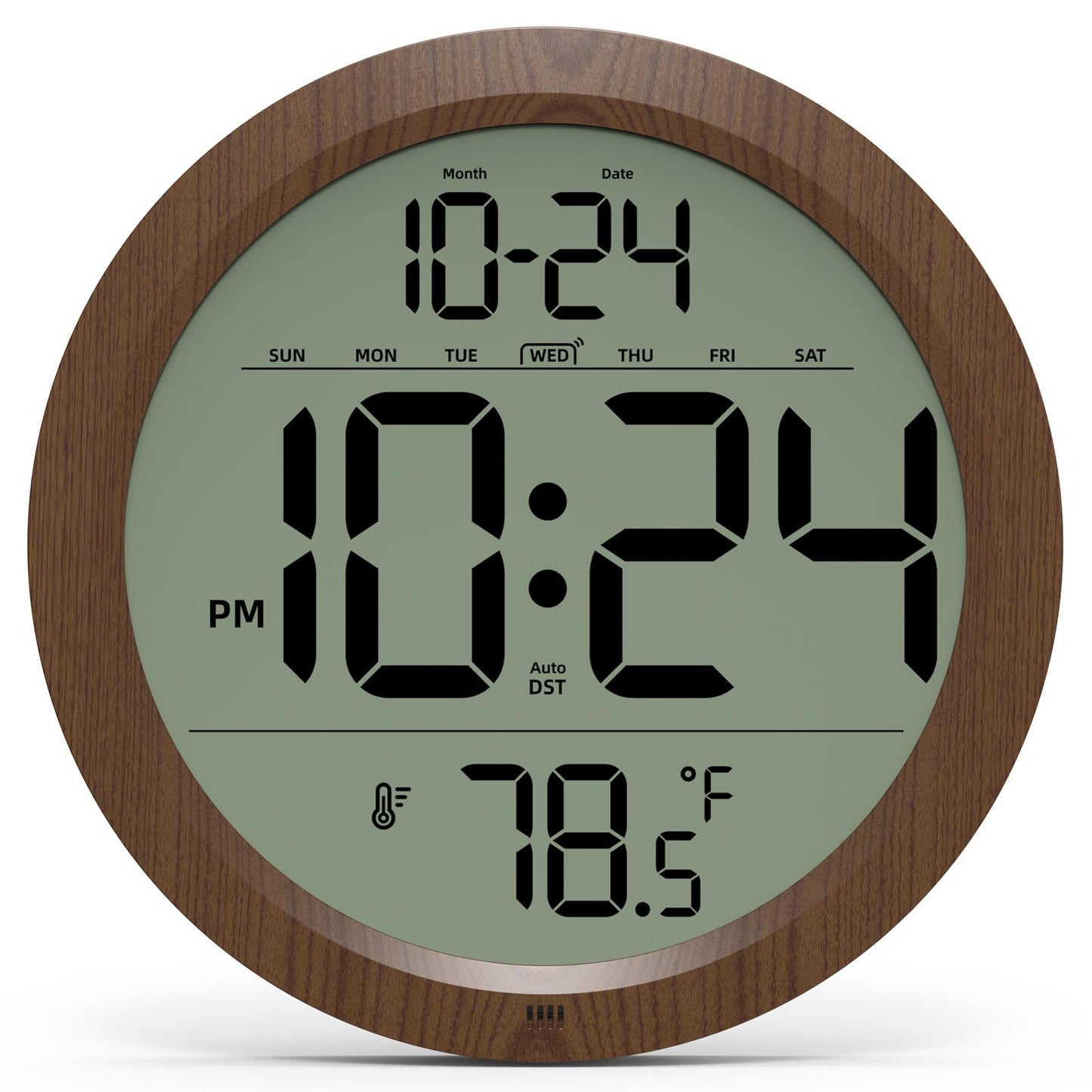 Digital Wall Clock Battery-Operated, 8 Inch Small Decorative Modern Wood Wall Clock with Date, Temperature, Auto-DST, Silent Electric Wall Clock for Bedroom, Living Room, Kitchen, Office, Farmhouse