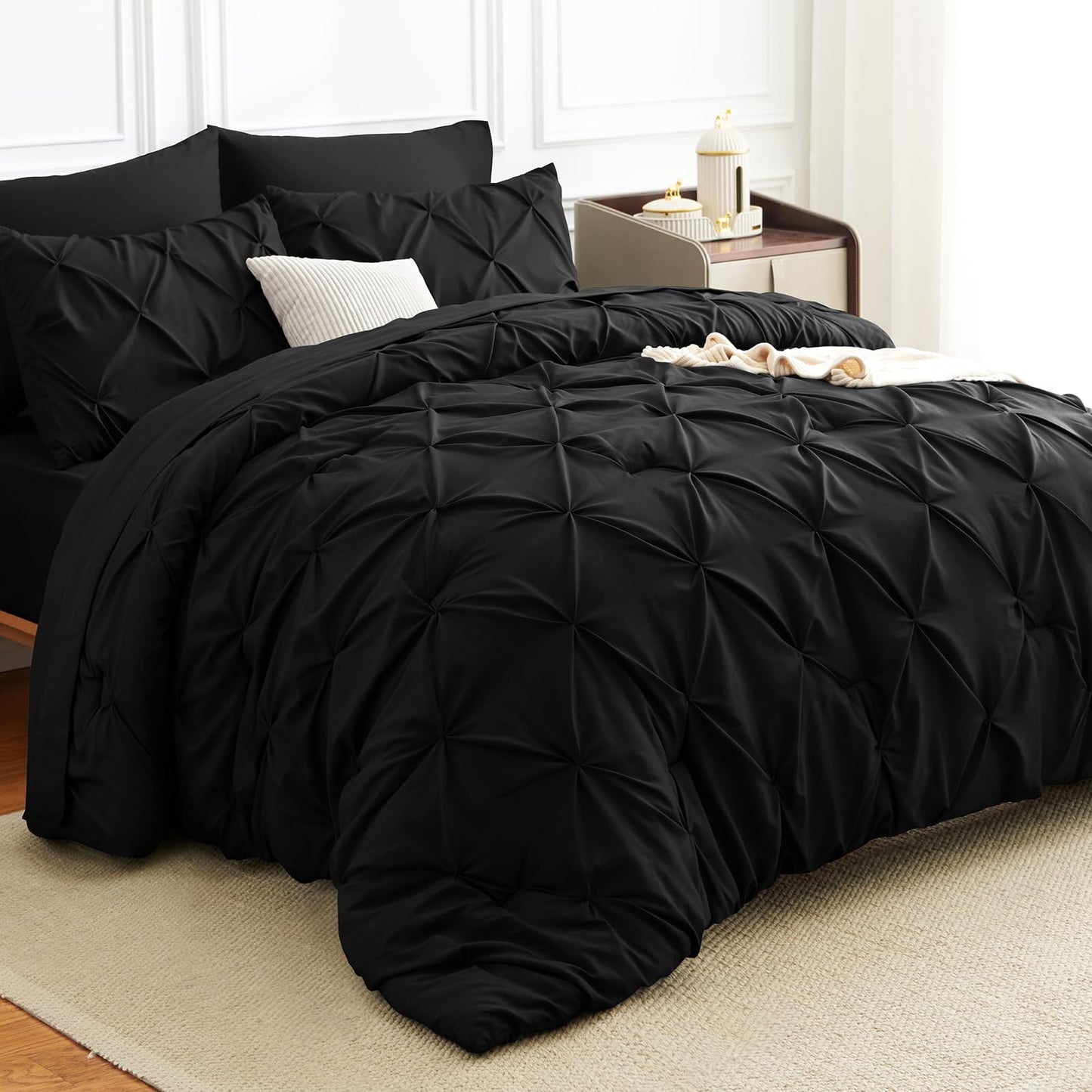 HIMEET King Size Comforter Set Black - 7 Pieces Pintuck Bed in a Bag, Pinch Pleat Modern Room Decor, All-Season Soft Bedding Gift with Comforter, Sheets, Pillowcases & Shams