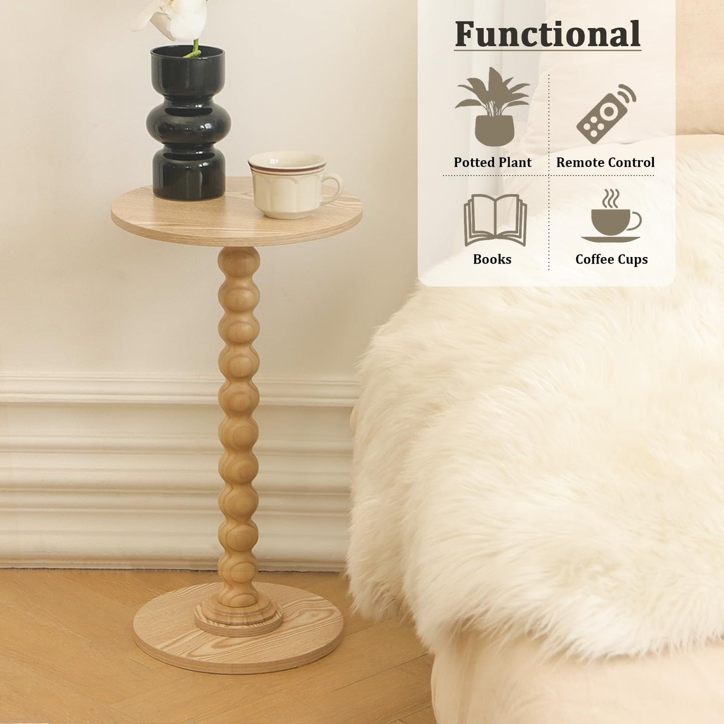 Fultyle Round Side Table, Small Drink Table for Small Spaces, Modern Accent End Table with Solid Wood Leg for Living Room, Bedroom, Corners, and Office (Natural)