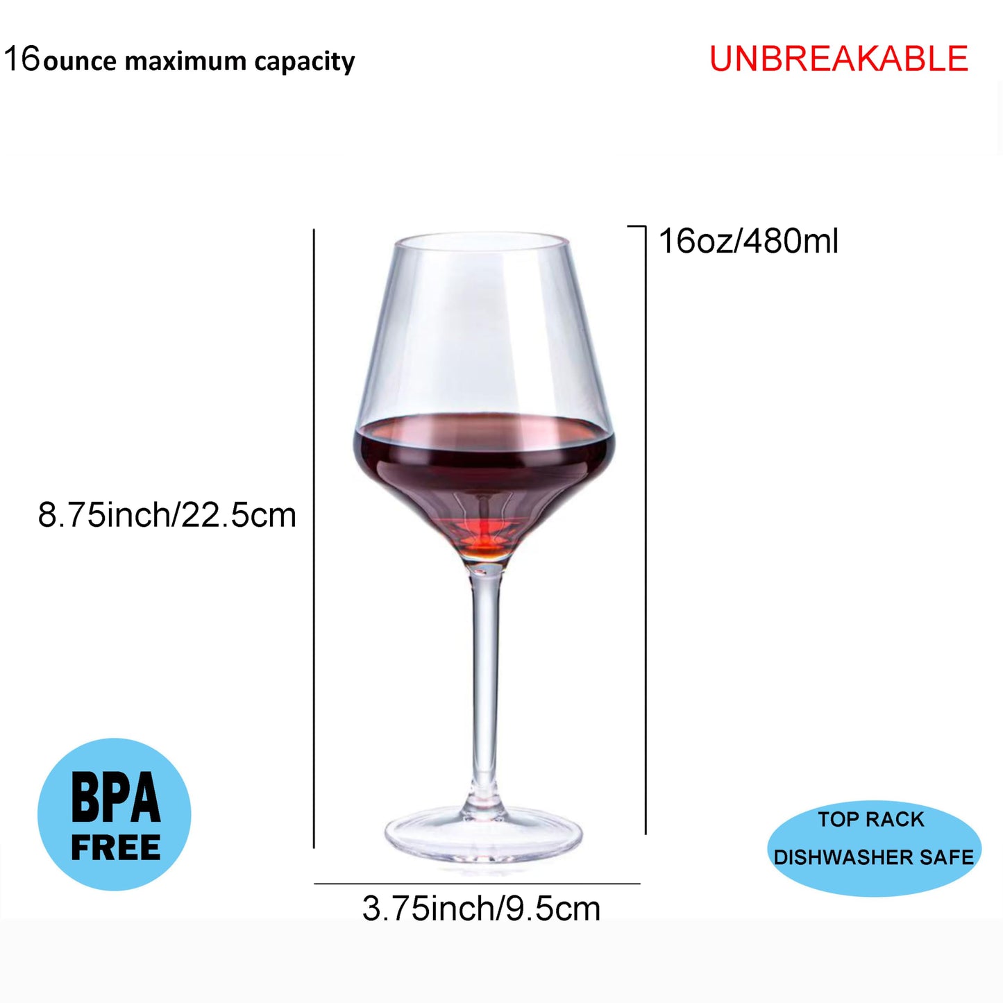 ZAINCA 16-ounce Plastic Stem Wine Glasses, All Purpose Arcylic Glasses, set of 6 Clear Reusable Shatter-resistant Dishwasher Safe
