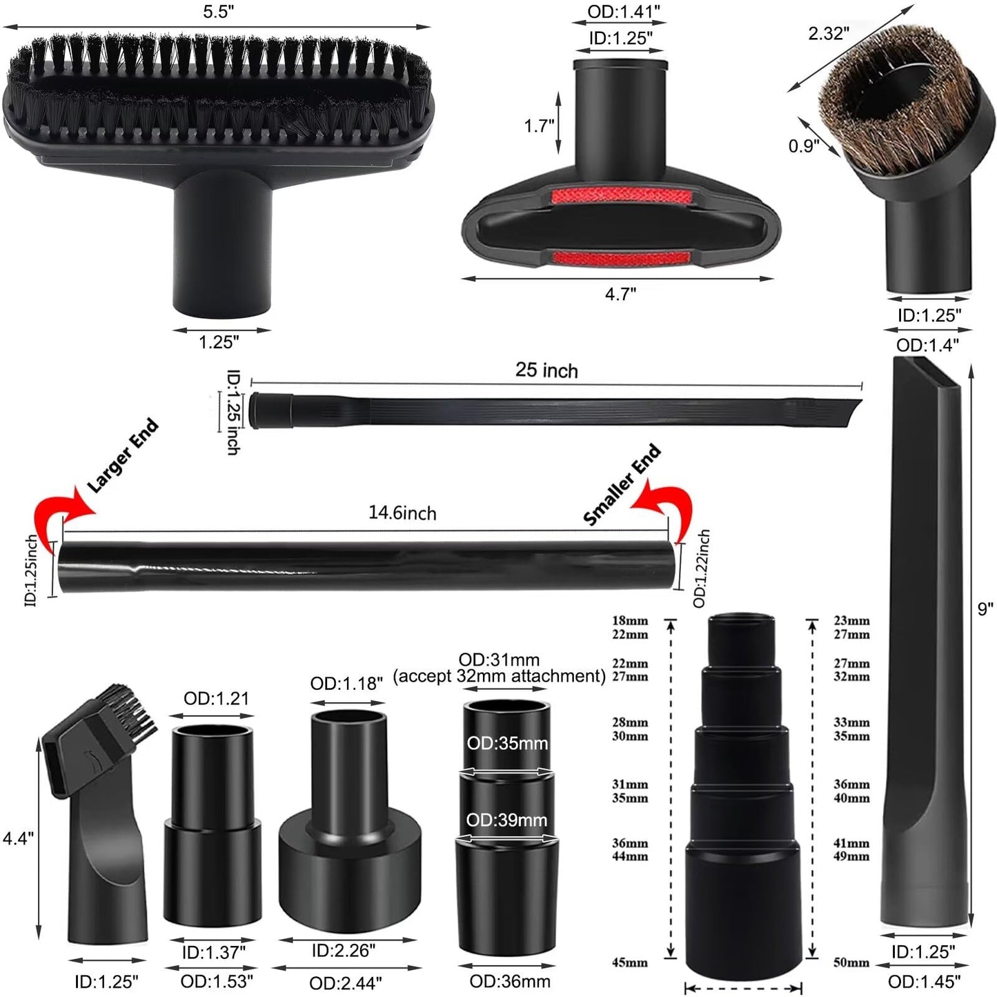 IN VACUUM 15 Pcs Universal Vacuum Attachments & Brushes for Shop Vac Accessories - 2 1/2" to 1 1/4" Hose Adapter for Shop Vac, 1 7/8" to 1" Vacuum Hose Adapter, 1 1/4" Shop Vacuum Cleaner Attachments