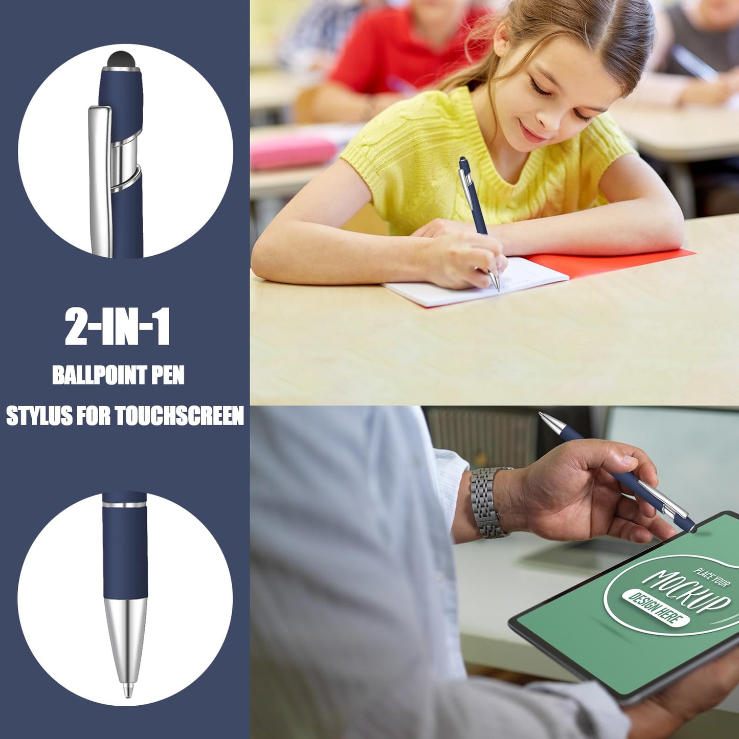 100 Pcs Ballpoint Pen with Stylus 2 in 1 Ballpoint Pen for Touch Screens, 2 in 1 Thank You Pen Gift for Colleagues, Coworker, Office (Navy Blue)