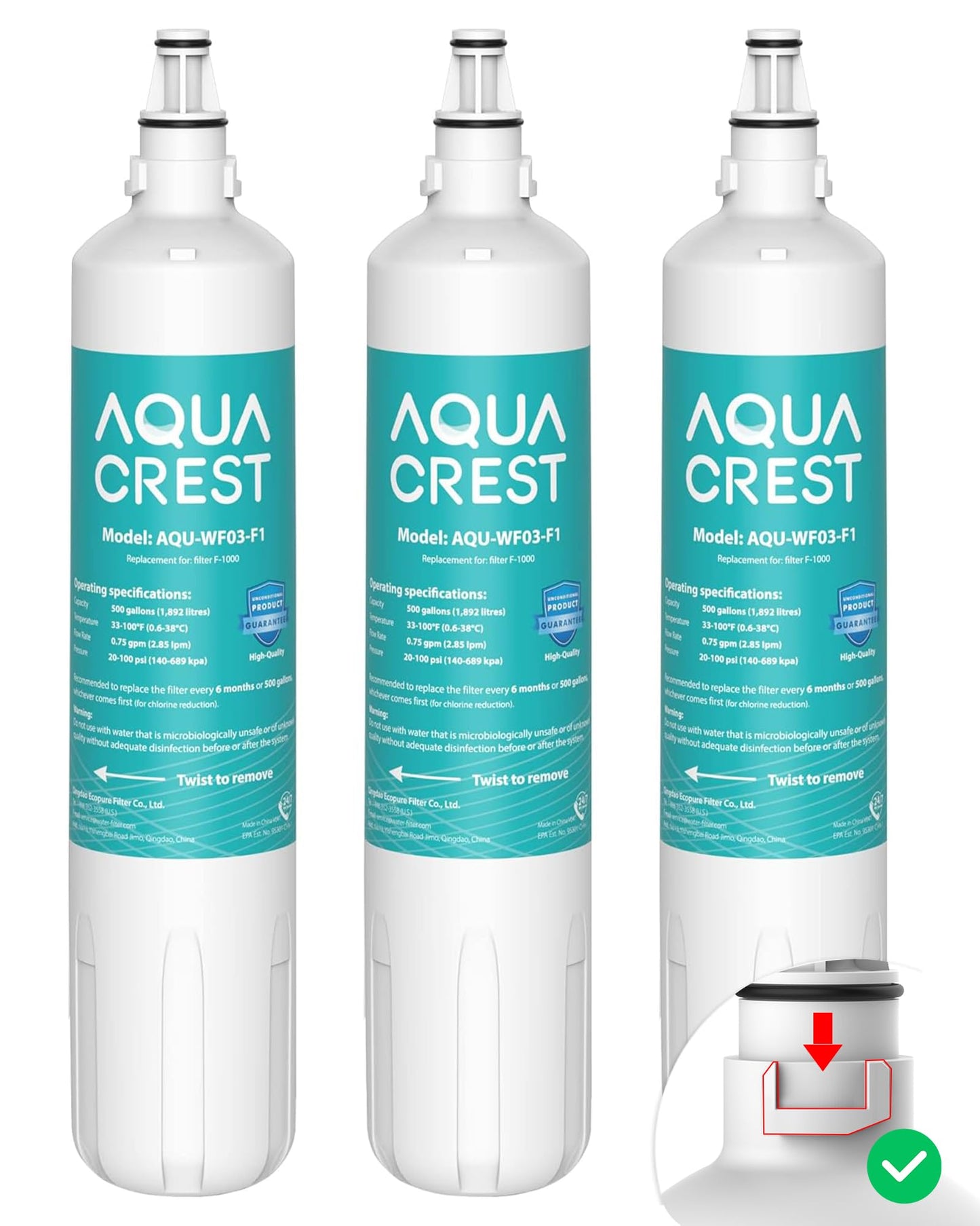AQUA CREST F-1000 Water Filter, Replacement for InSinkErator® F-1000, F-2000, F-3000, AquaPure AP Easy C-Complete, 500 Gallons, NSF/ANSI 42, 3 Pack