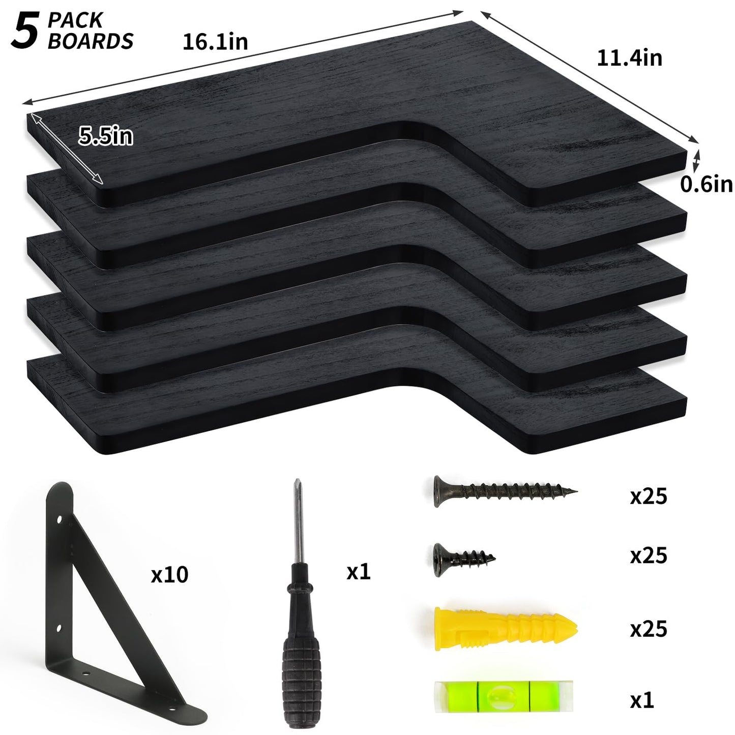 Fixwal Corner Shelves Wall Mounted Set of 5, Floating Shelves for Wall Bathroom, Kitchen, Bedroom, Home Decor, Laundry Room, Living Room (Black)