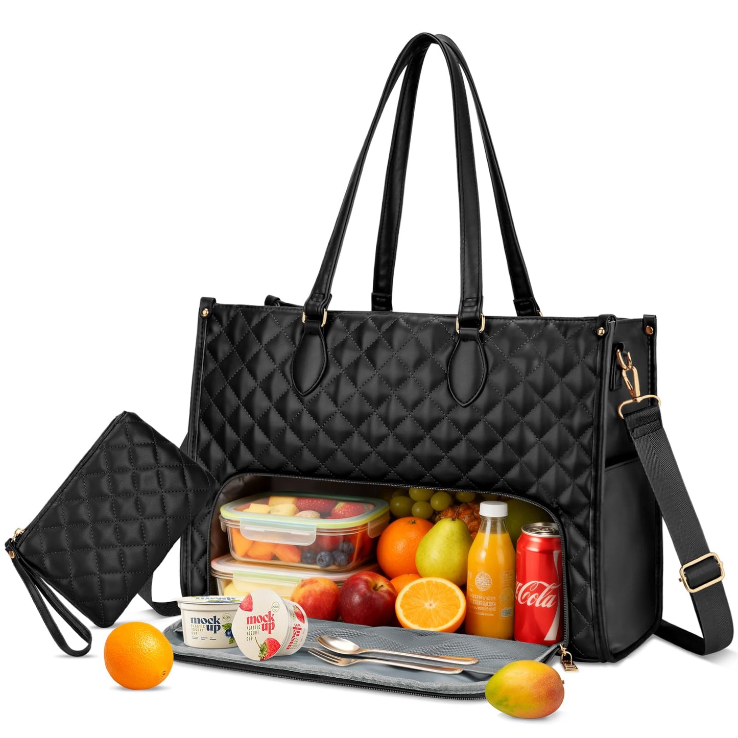 KKXIU Updated 2-in-1 Insulated Lunch Bag & 15.6 Inch Laptop Tote for Women, Large Capacity Thermal Meal Bag with Padded Laptop Compartment, Quilted Work Bag for Office, Teacher, Commuter (Black)