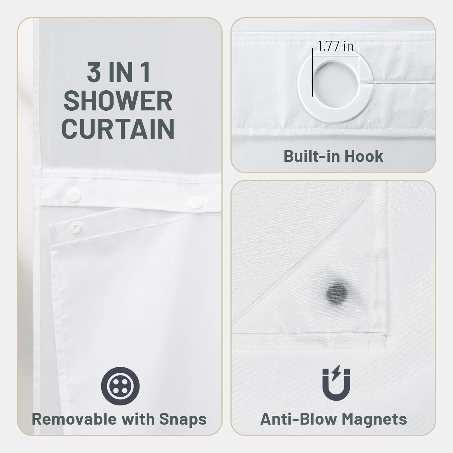 WITHLOC No Hook Shower Curtain with Snap in Liner - Watercolor Floral Shower Curtain - Fabric Waterproof Inner Liner, Plants Blue Beige Flowers White Cloth Shower Curtains Washable, 71 x 74 Inch