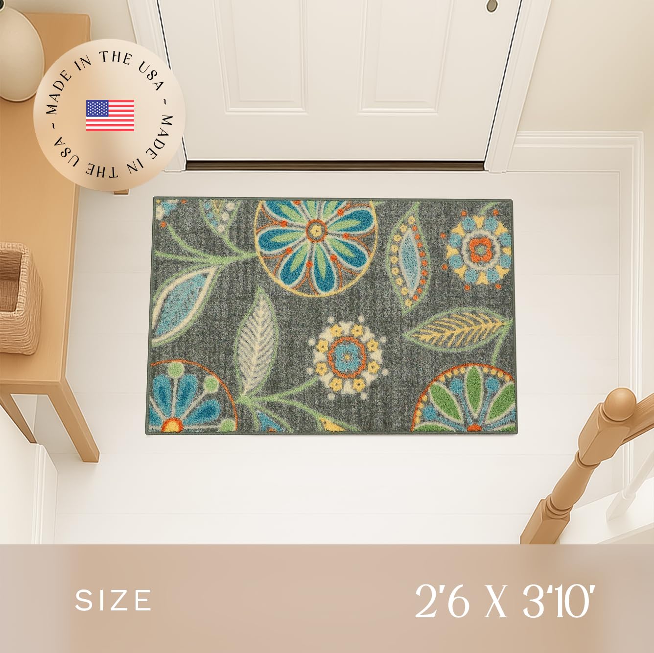 Maples Rugs Reggie Floral Kitchen Rug - Made in USA - Washable, Non Slip Indoor Carpet for Entryway, Foyer, Kitchen, and Bathroom, 2'6 x 3'10, Dark Grey