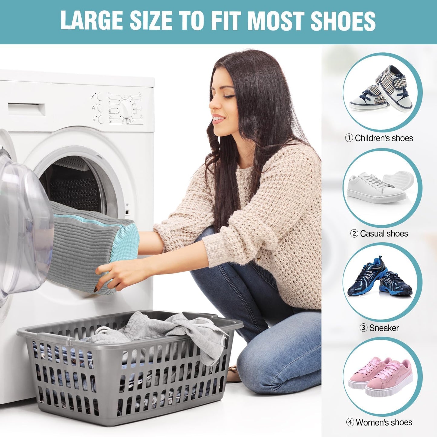 2 Pcs Shoe Washing Machine Bags with 4 Adjustable Shoe Trees, XXL Laundry Bags for Washer and Dryer, Sturdy Zipper with Hook Design, Reusable Cleaning Bag for Sneaker, Tennis (Gray)
