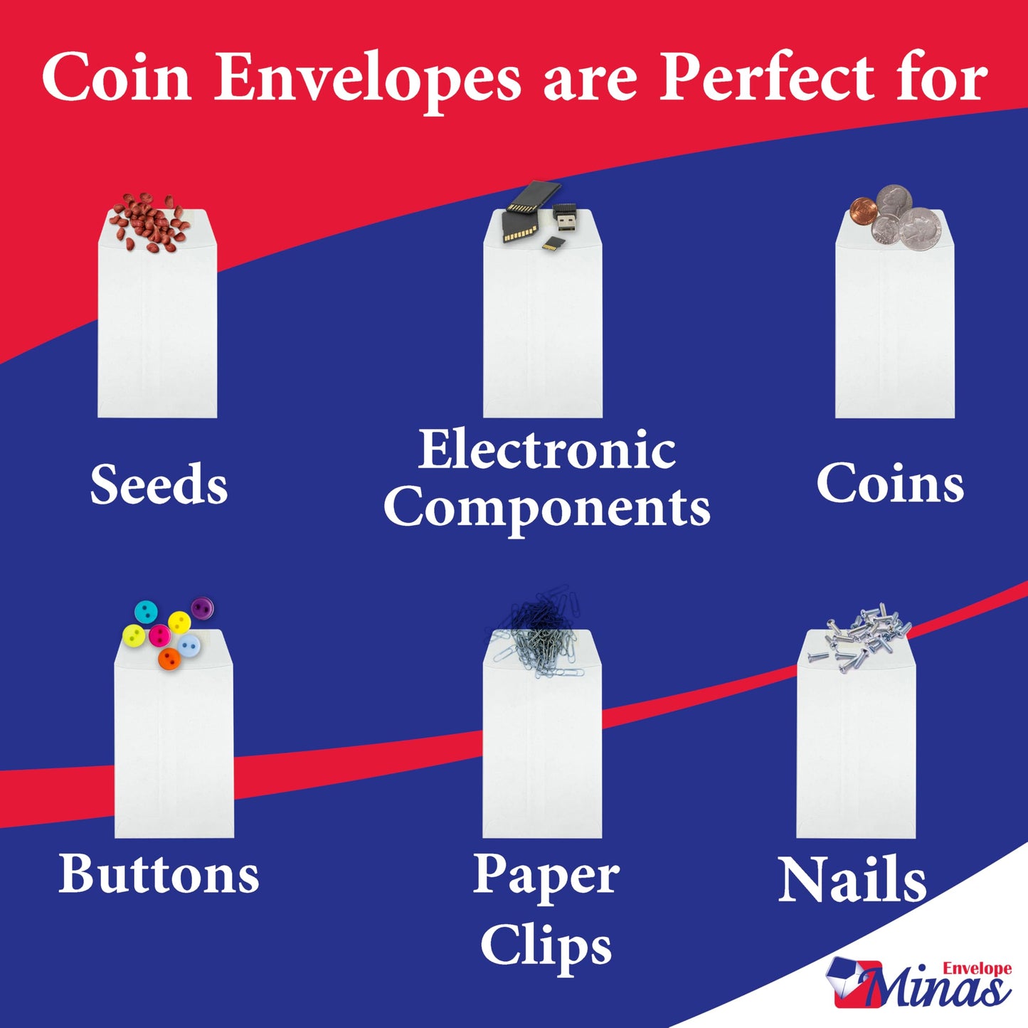 500 Minas Envelope #7 Coin/Cash/Small Parts Envelope, 3-1/2" X 6-1/2", Peel & Seal, Premium 24lb. White, 500/Box