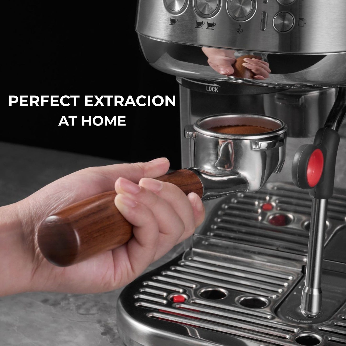 54mm Bottomless Portafilter Flat for Breville/Sage – Fits Barista Express, Pro, Touch, Bambino & Bambino Plus, Infuser – Rosewood Handle – Includes 18–21g Filter Basket & Puck Screen